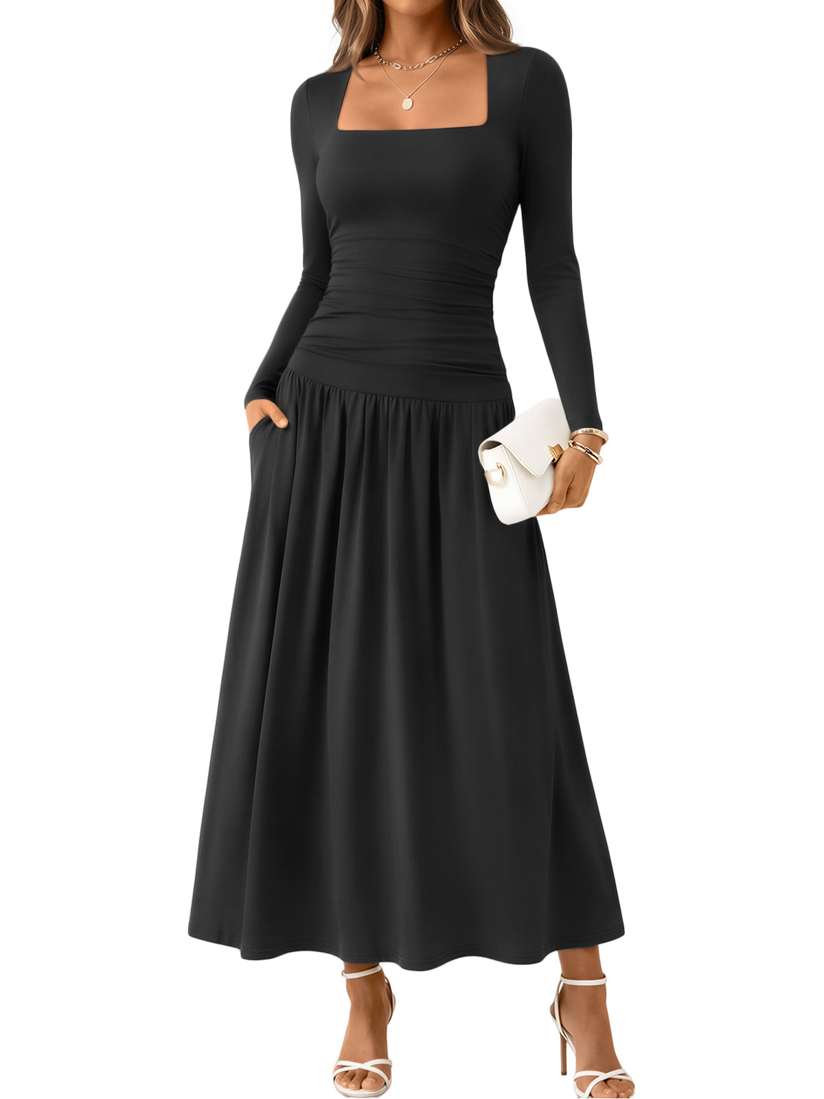 Trendy Queen Womens Fall Long Sleeve Wedding Guest Dresses with Pockets 2026 Modest Winter Fashion, Elegant Flowy Drop Waist Maxi Dress, Classic Polka Dot, Formal Evening Cocktail Party Outfits