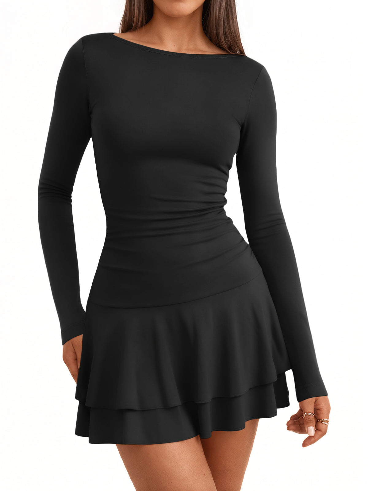 Trendy Queen Women Boat Neck Long Sleeve Mini Ruffle Dress Fall Outfits | Hoco Going Out Party Skater Outfits, Sexy Club Date Night Corset Cocktail Clothes, Cute Winter Clothing