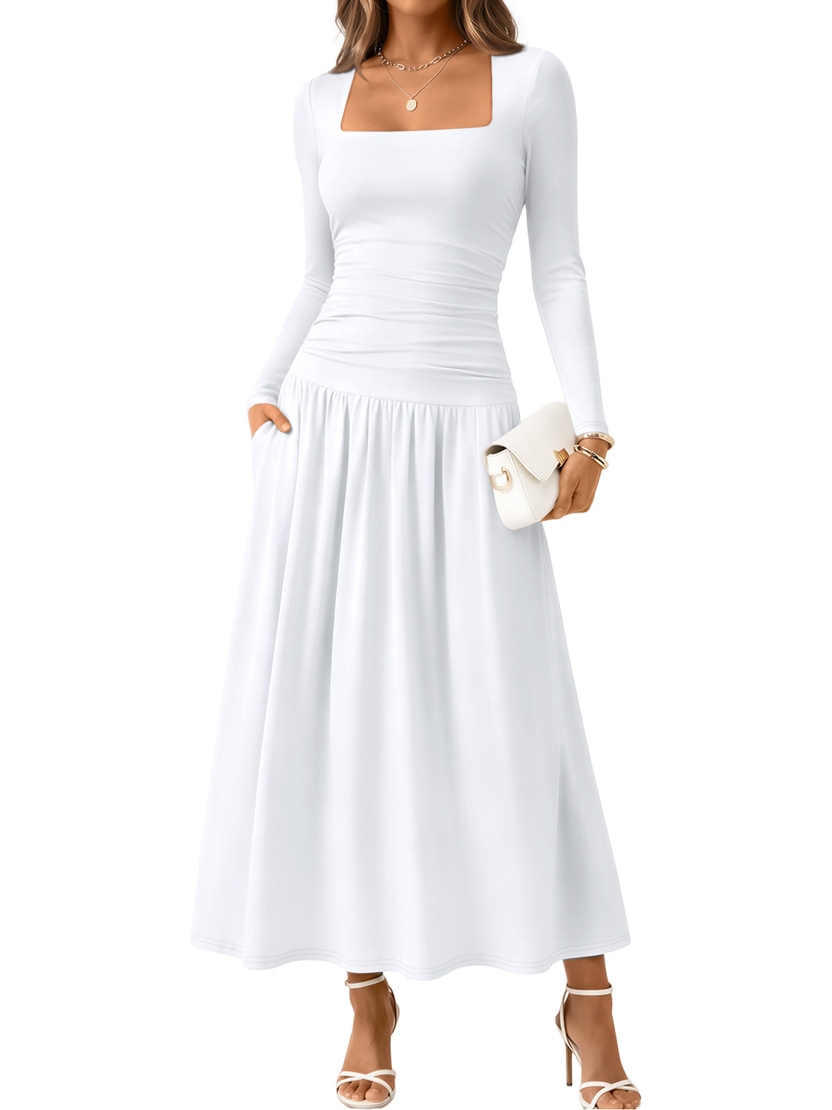 Trendy Queen Womens Fall Long Sleeve Wedding Guest Dresses with Pockets 2026 Modest Winter Fashion, Elegant Flowy Drop Waist Maxi Dress, Classic Polka Dot, Formal Evening Cocktail Party Outfits