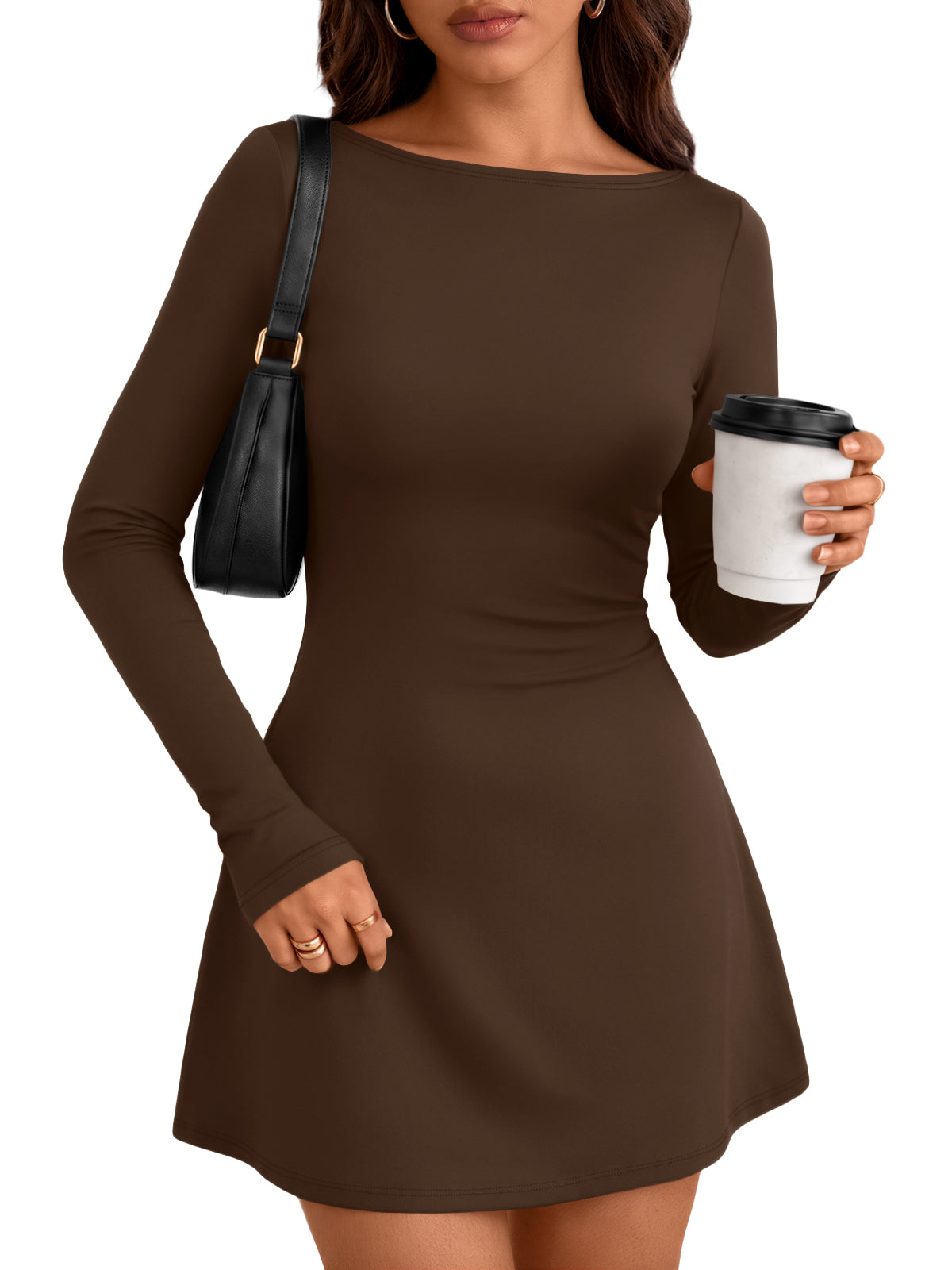 Trendy Queen Womens 2026 Fall Mini Dresses Long Sleeve Bodycon Y2K Dress Elegant Boat Neck, Classic Polka Dot, Winter Fashion Staple, Chic Going Out Outfits, Cocktail Party Date Night Clothes