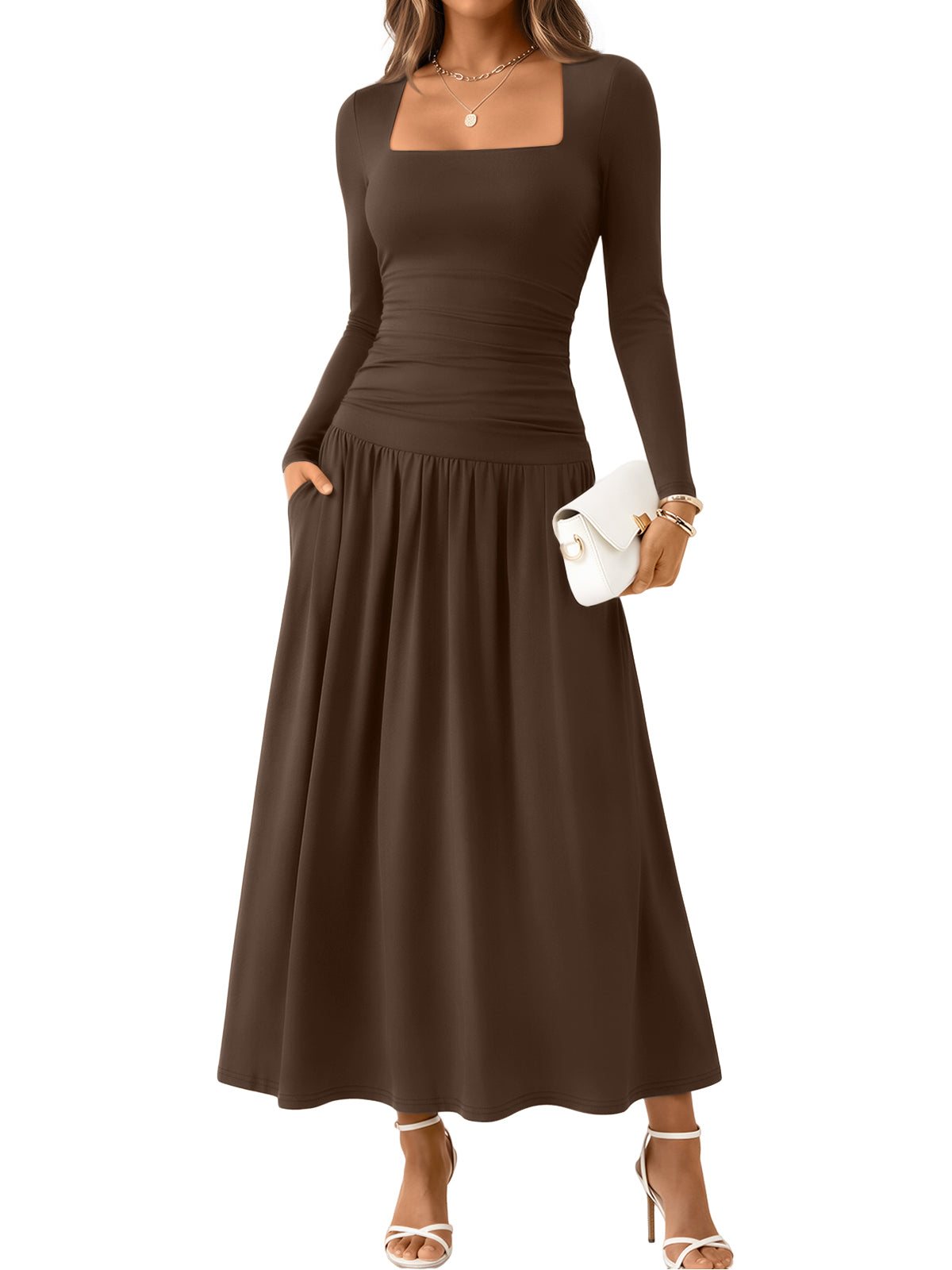 Trendy Queen Womens Fall Long Sleeve Wedding Guest Dresses with Pockets 2026 Modest Winter Fashion, Elegant Flowy Drop Waist Maxi Dress, Classic Polka Dot, Formal Evening Cocktail Party Outfits