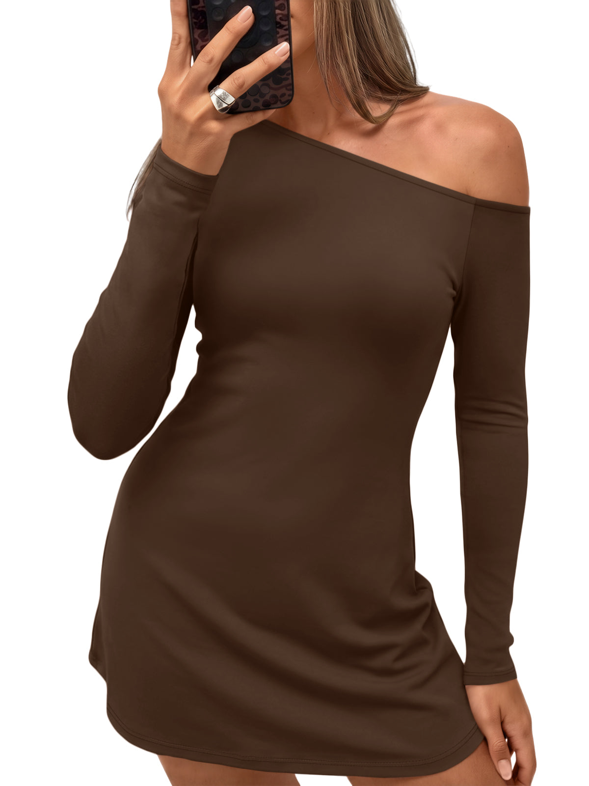 Trendy Queen Womens Mini Off Shoulder Dress Fall Long Sleeve Sexy Dresses 2026 Chic Bodycon Fit, Classic Polka Dot, Going Out Outfits, Cocktail Attire, Date Night Look, Party Clubwear Y2K