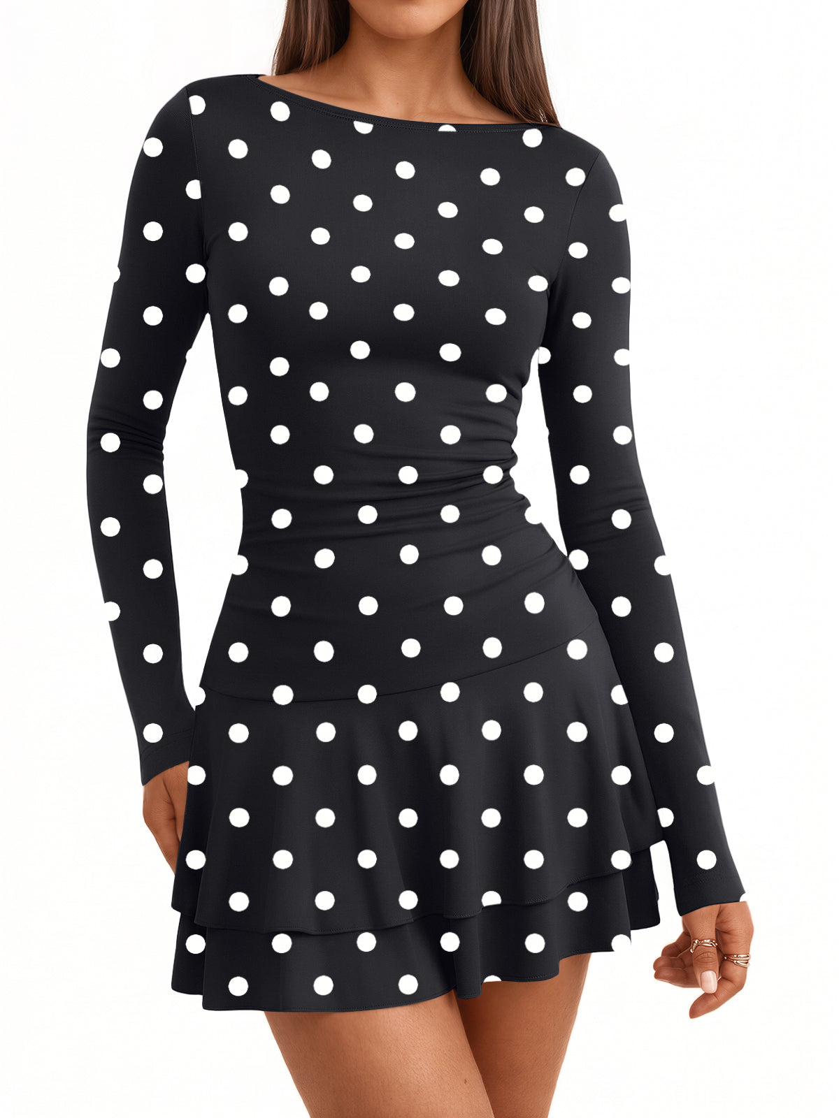 Trendy Queen Women Boat Neck Long Sleeve Mini Ruffle Dress Fall Outfits | Hoco Going Out Party Skater Outfits, Sexy Club Date Night Corset Cocktail Clothes, Cute Winter Clothing