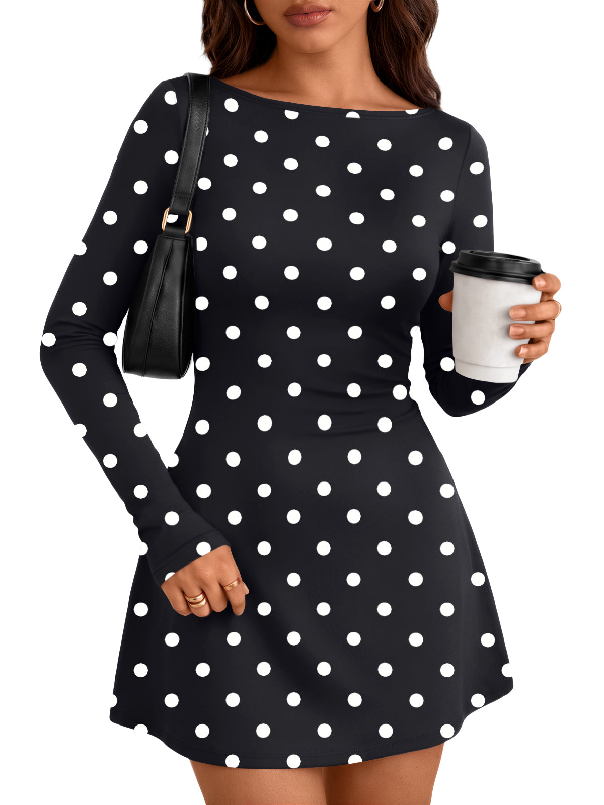 Trendy Queen Womens 2026 Fall Mini Dresses Long Sleeve Bodycon Y2K Dress Elegant Boat Neck, Classic Polka Dot, Winter Fashion Staple, Chic Going Out Outfits, Cocktail Party Date Night Clothes