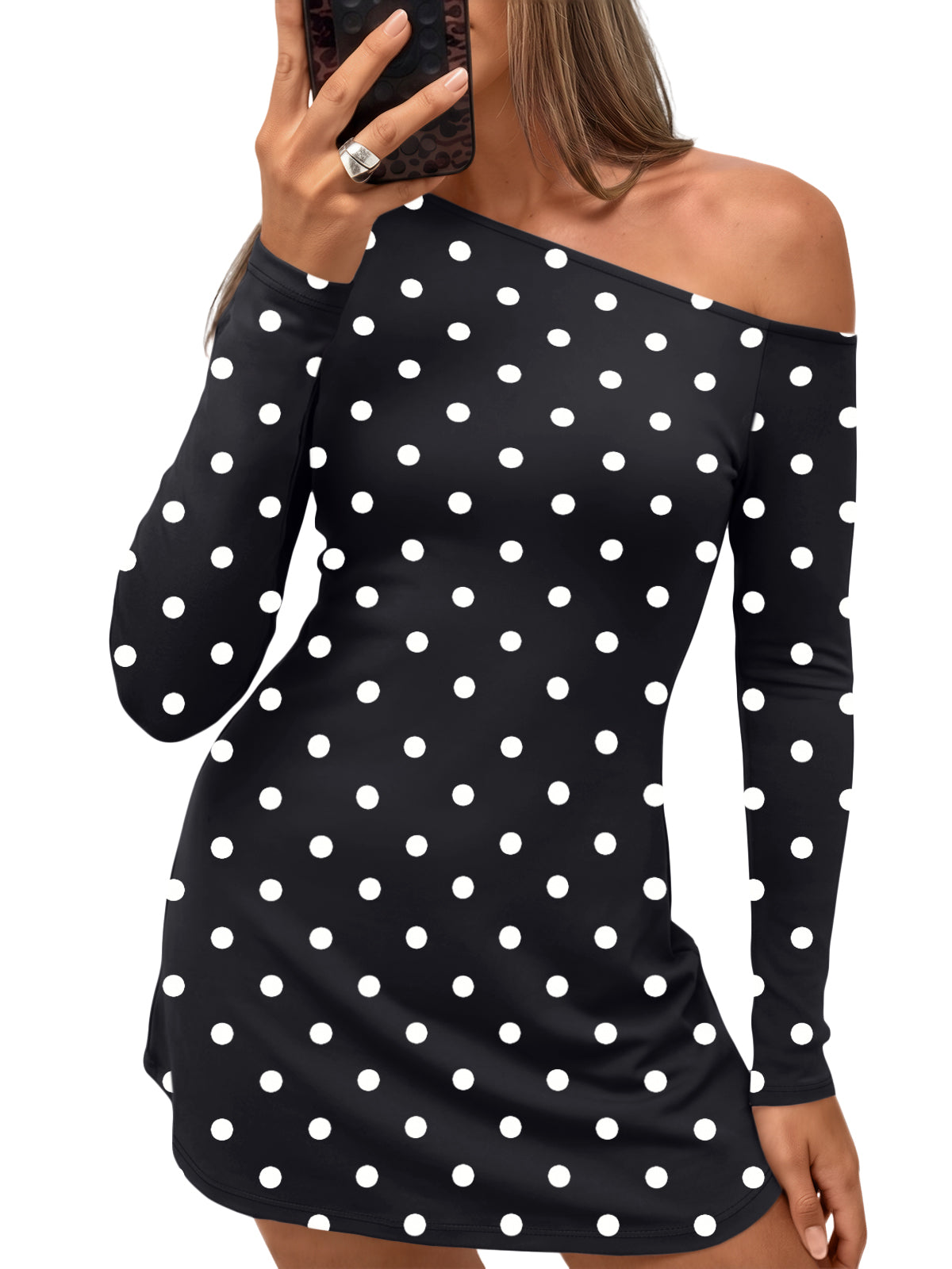 Trendy Queen Womens Mini Off Shoulder Dress Fall Long Sleeve Sexy Dresses 2026 Chic Bodycon Fit, Classic Polka Dot, Going Out Outfits, Cocktail Attire, Date Night Look, Party Clubwear Y2K