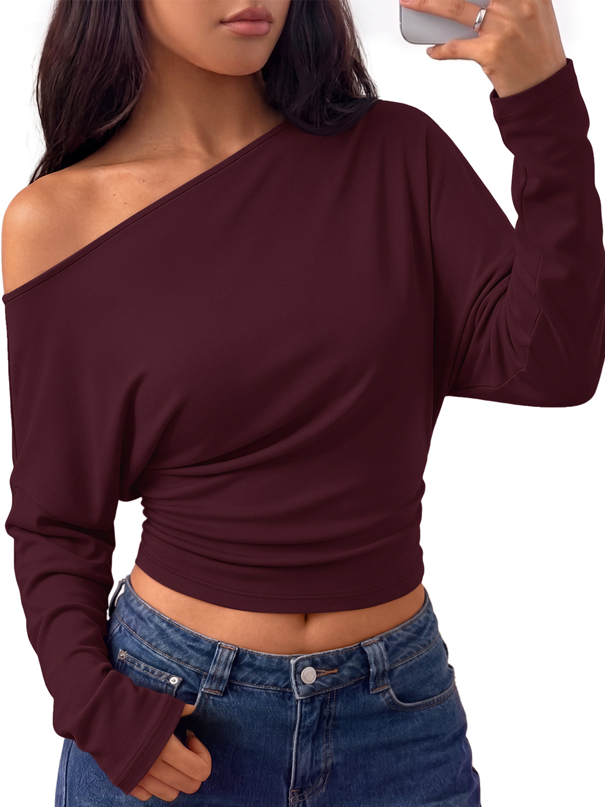 Trendy Queen Off the Shoulder Tops for Women Cinched Waist Shirts 2026 Fall Asymmetrical Wrap Long Sleeve Shirts for Women, Fall fashion Outfits, Casual Cute Blouses Y2k Clothes, Going Out Crop Tops