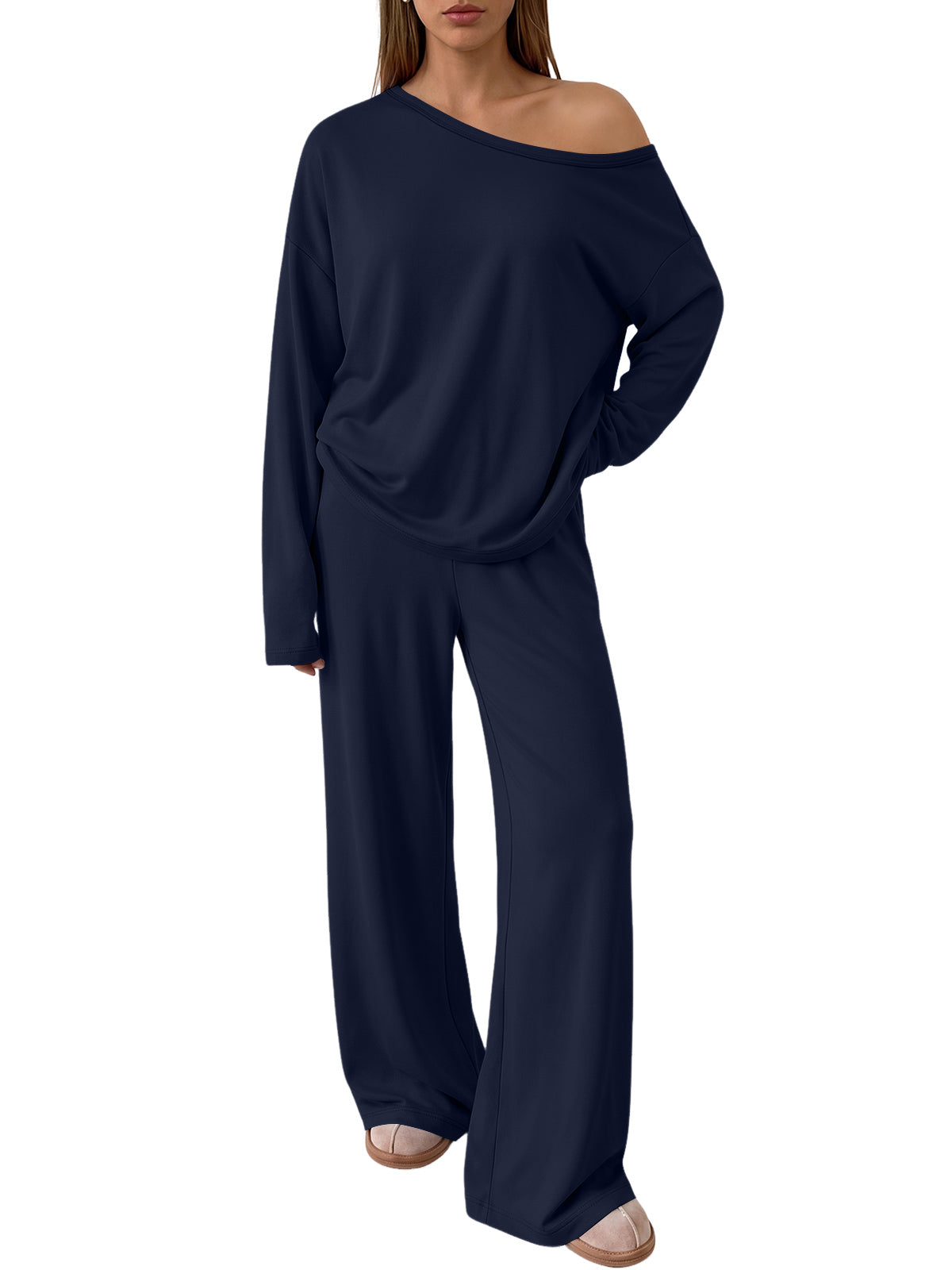 Trendy Queen 2 Piece Lounge Sets for Women 2026 Fall Outfits Matching Sets Off The Shoulder Oversized Tshirts & Wide Leg Pants with Pockets, Airport Travel Outfits, Fall Fashion Clothes Sweat Sets