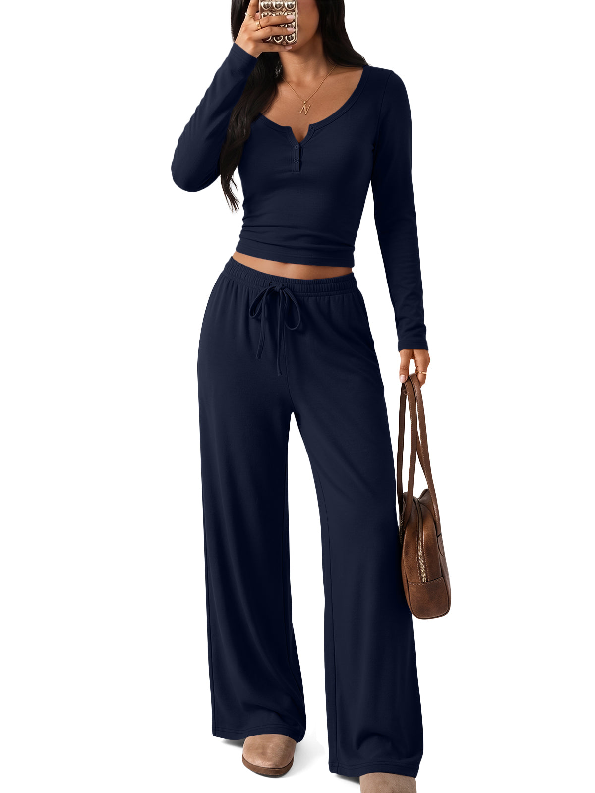 Trendy Queen Women 2 Piece Matching Lounge Sets 2026 Fall Travel Outfits | Long Sleeve Henley Crop Top, Wide Leg Pants Set with Pockets, Two Piece Set
