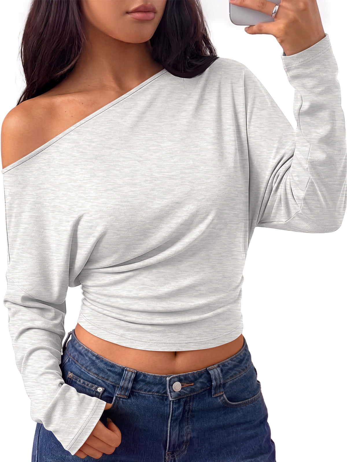 Trendy Queen Off the Shoulder Tops for Women Cinched Waist Shirts 2026 Fall Asymmetrical Wrap Long Sleeve Shirts for Women, Fall fashion Outfits, Casual Cute Blouses Y2k Clothes, Going Out Crop Tops
