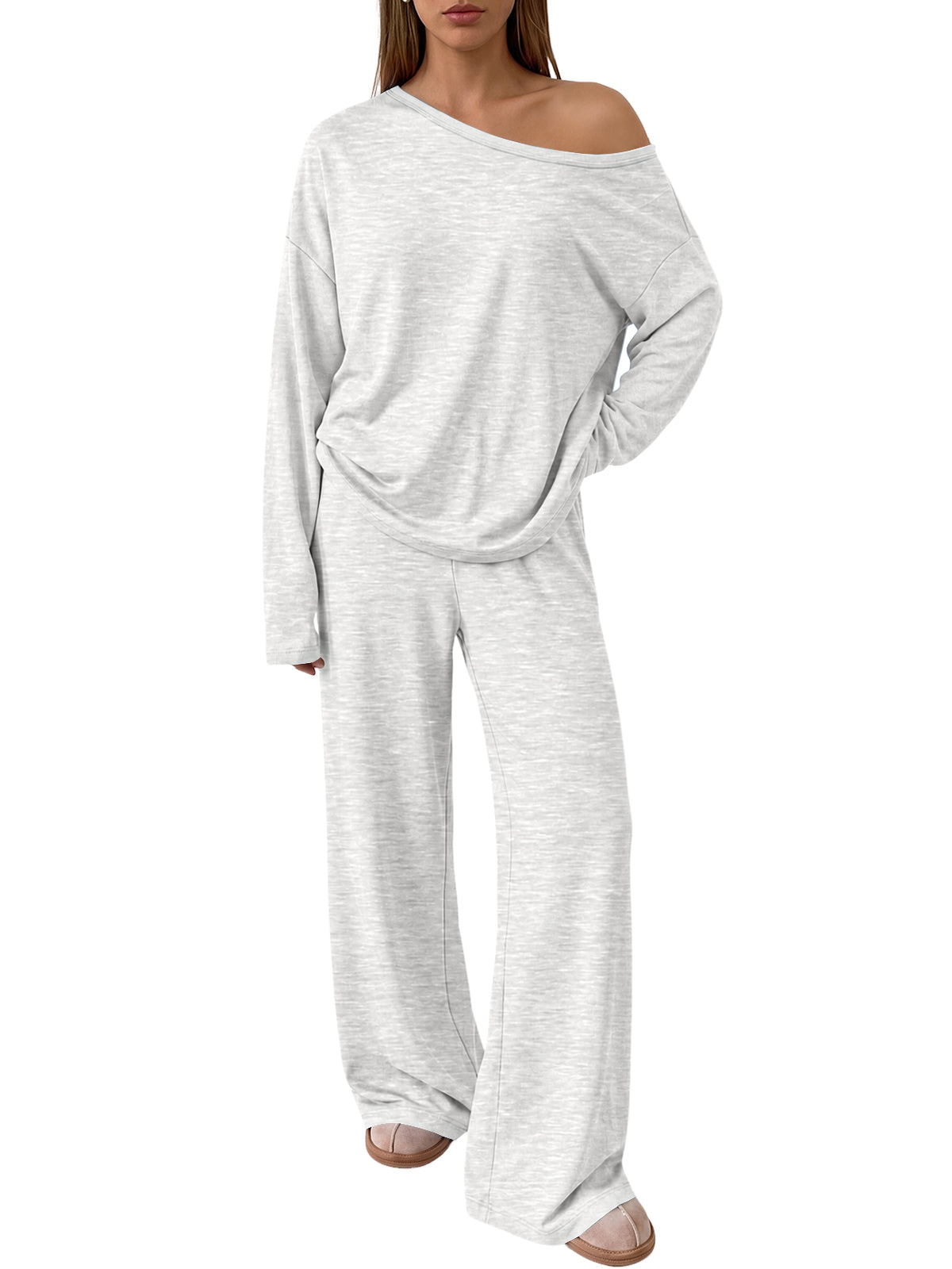 Trendy Queen 2 Piece Lounge Sets for Women 2026 Fall Outfits Matching Sets Off The Shoulder Oversized Tshirts & Wide Leg Pants with Pockets, Airport Travel Outfits, Fall Fashion Clothes Sweat Sets
