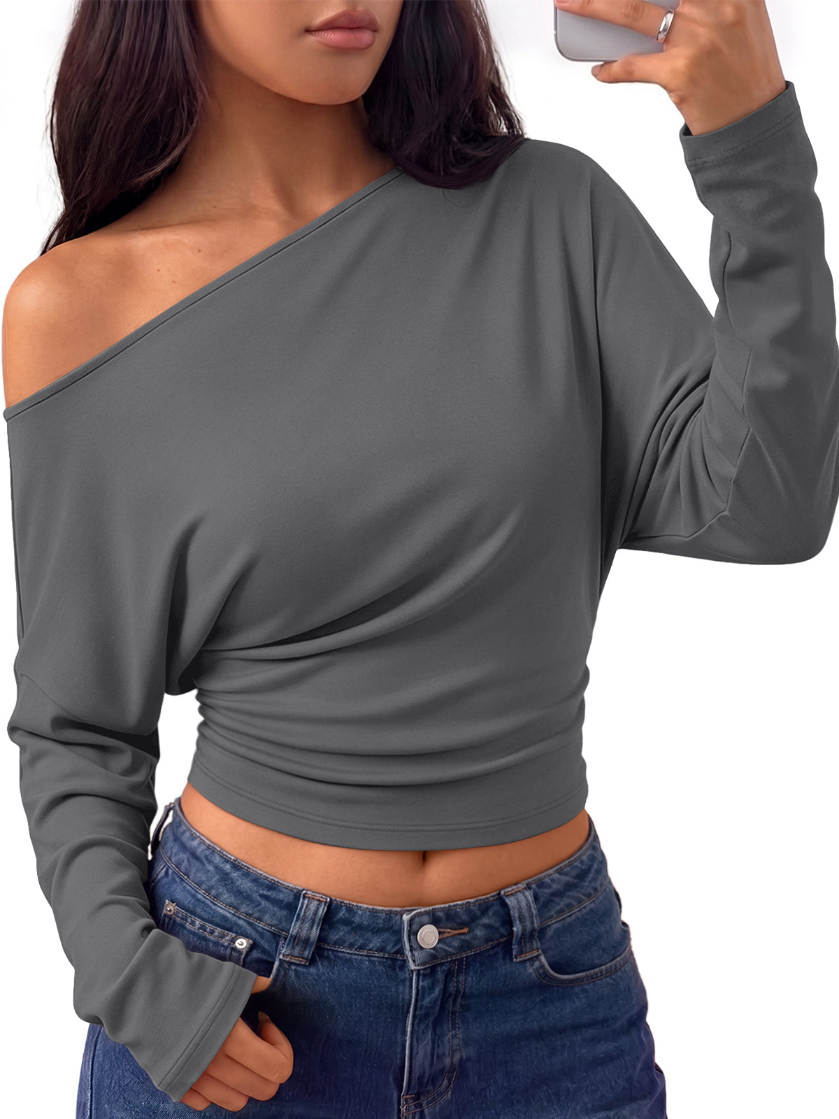 Trendy Queen Off the Shoulder Tops for Women Cinched Waist Shirts 2026 Fall Asymmetrical Wrap Long Sleeve Shirts for Women, Fall fashion Outfits, Casual Cute Blouses Y2k Clothes, Going Out Crop Tops