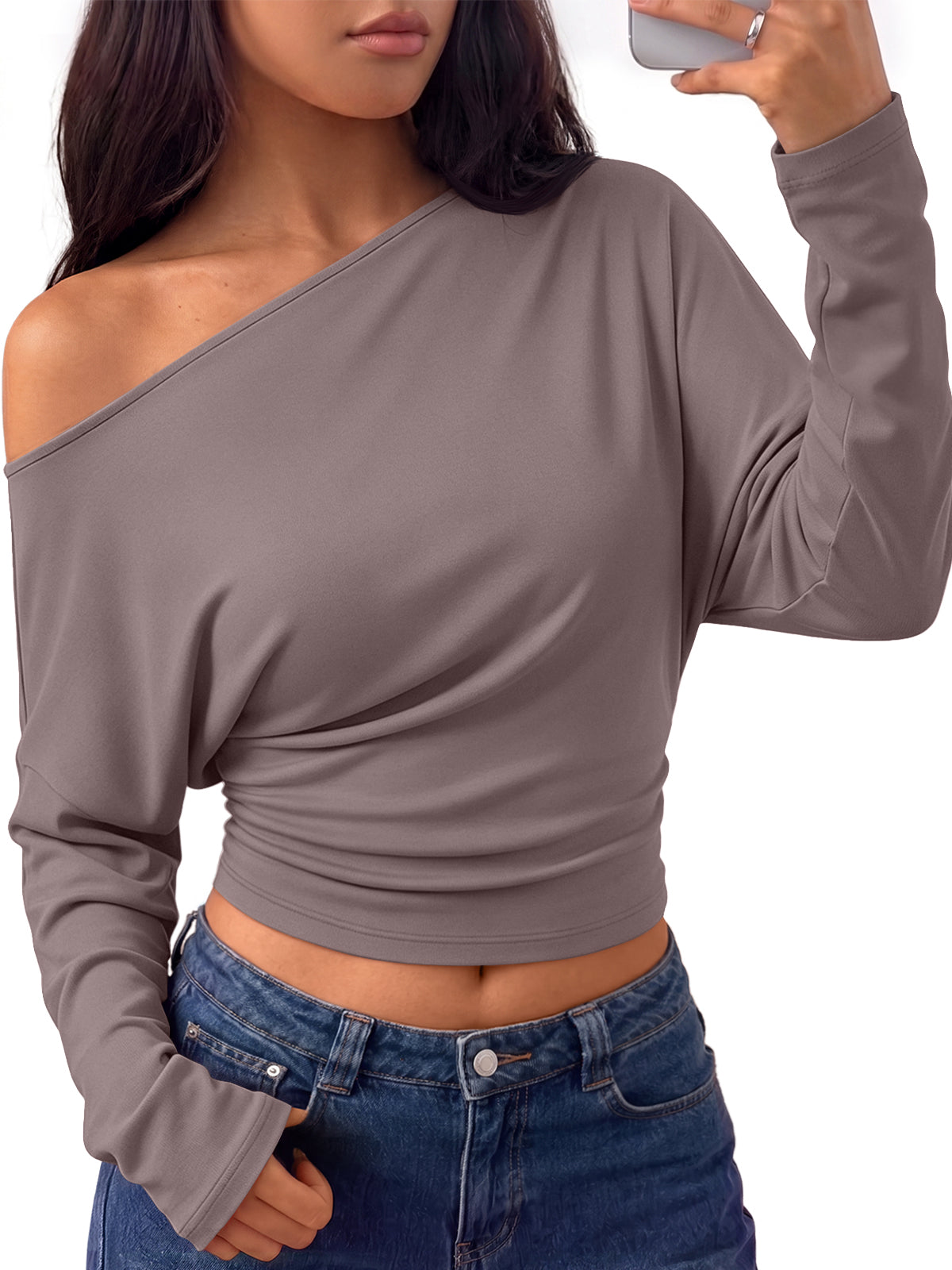 Trendy Queen Off the Shoulder Tops for Women Cinched Waist Shirts 2026 Fall Asymmetrical Wrap Long Sleeve Shirts for Women, Fall fashion Outfits, Casual Cute Blouses Y2k Clothes, Going Out Crop Tops