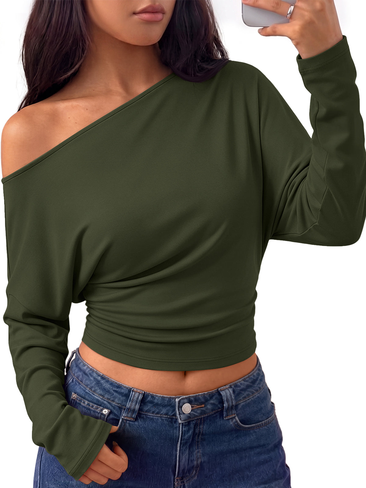 Trendy Queen Off the Shoulder Tops for Women Cinched Waist Shirts 2026 Fall Asymmetrical Wrap Long Sleeve Shirts for Women, Fall fashion Outfits, Casual Cute Blouses Y2k Clothes, Going Out Crop Tops