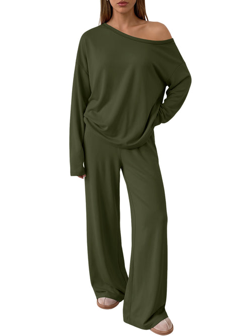 Trendy Queen 2 Piece Lounge Sets for Women 2026 Fall Outfits Matching Sets Off The Shoulder Oversized Tshirts & Wide Leg Pants with Pockets, Airport Travel Outfits, Fall Fashion Clothes Sweat Sets