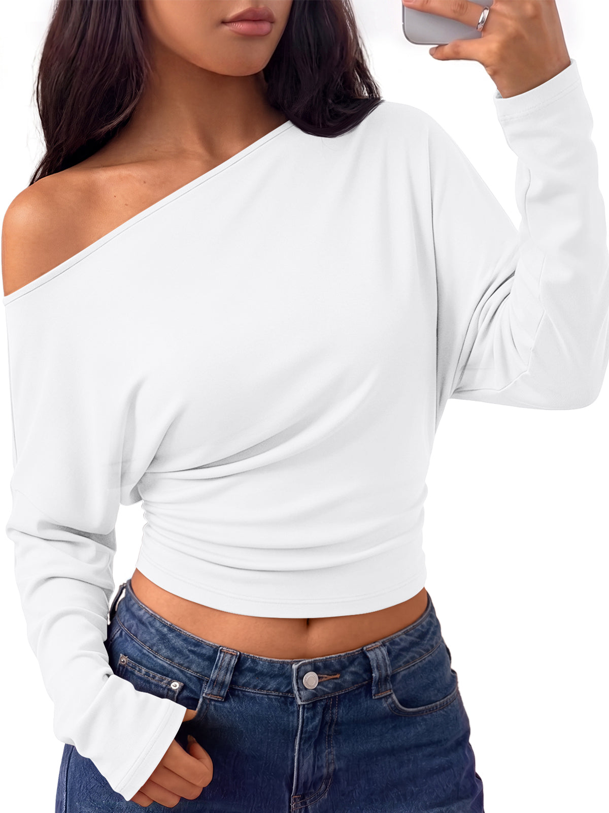 Trendy Queen Off the Shoulder Tops for Women Cinched Waist Shirts 2026 Fall Asymmetrical Wrap Long Sleeve Shirts for Women, Fall fashion Outfits, Casual Cute Blouses Y2k Clothes, Going Out Crop Tops