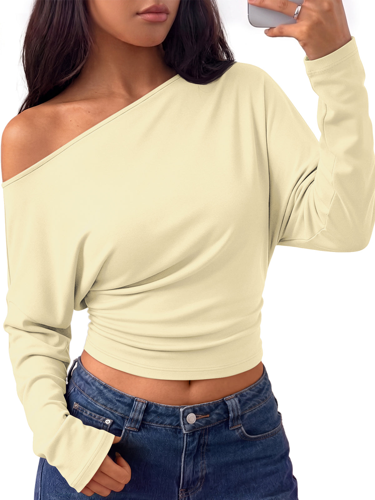 Trendy Queen Off the Shoulder Tops for Women Cinched Waist Shirts 2026 Fall Asymmetrical Wrap Long Sleeve Shirts for Women, Fall fashion Outfits, Casual Cute Blouses Y2k Clothes, Going Out Crop Tops