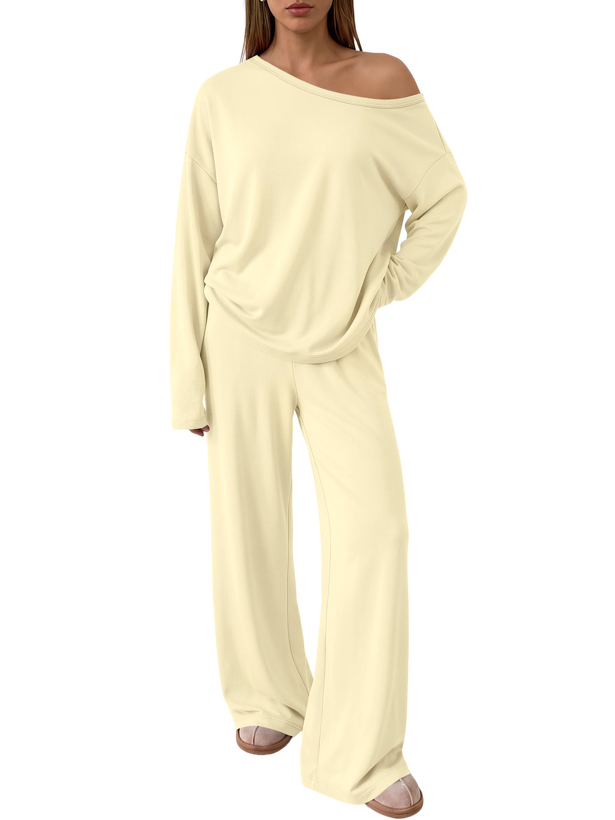 Trendy Queen 2 Piece Lounge Sets for Women 2026 Fall Outfits Matching Sets Off The Shoulder Oversized Tshirts & Wide Leg Pants with Pockets, Airport Travel Outfits, Fall Fashion Clothes Sweat Sets