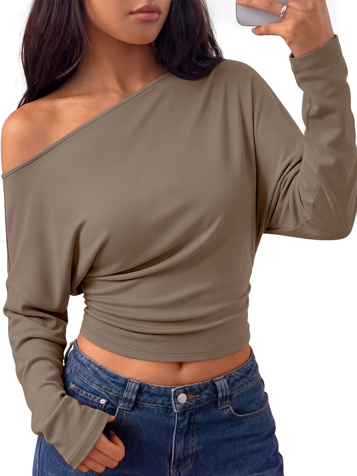Trendy Queen Off the Shoulder Tops for Women Cinched Waist Shirts 2026 Fall Asymmetrical Wrap Long Sleeve Shirts for Women, Fall fashion Outfits, Casual Cute Blouses Y2k Clothes, Going Out Crop Tops