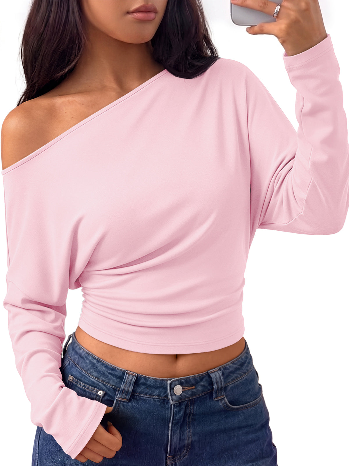 Trendy Queen Off the Shoulder Tops for Women Cinched Waist Shirts 2026 Fall Asymmetrical Wrap Long Sleeve Shirts for Women, Fall fashion Outfits, Casual Cute Blouses Y2k Clothes, Going Out Crop Tops