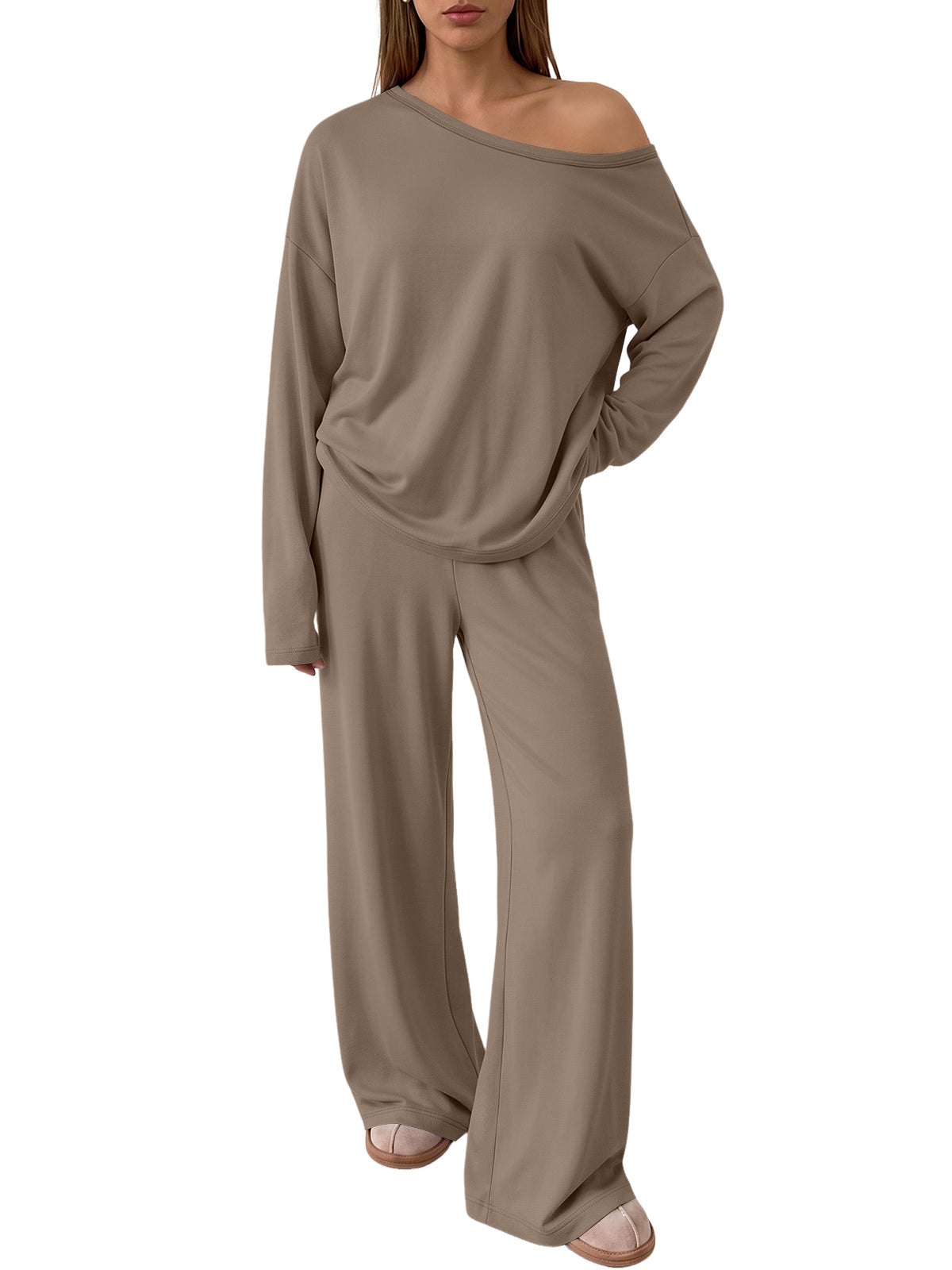 Trendy Queen 2 Piece Lounge Sets for Women 2026 Fall Outfits Matching Sets Off The Shoulder Oversized Tshirts & Wide Leg Pants with Pockets, Airport Travel Outfits, Fall Fashion Clothes Sweat Sets