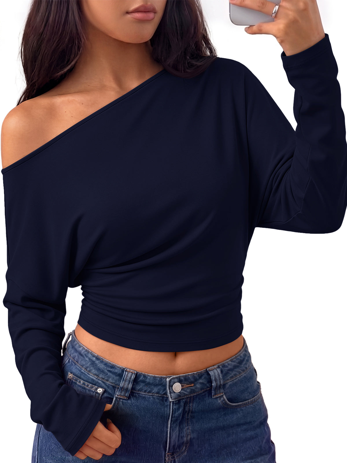 Trendy Queen Off the Shoulder Tops for Women Cinched Waist Shirts 2026 Fall Asymmetrical Wrap Long Sleeve Shirts for Women, Fall fashion Outfits, Casual Cute Blouses Y2k Clothes, Going Out Crop Tops