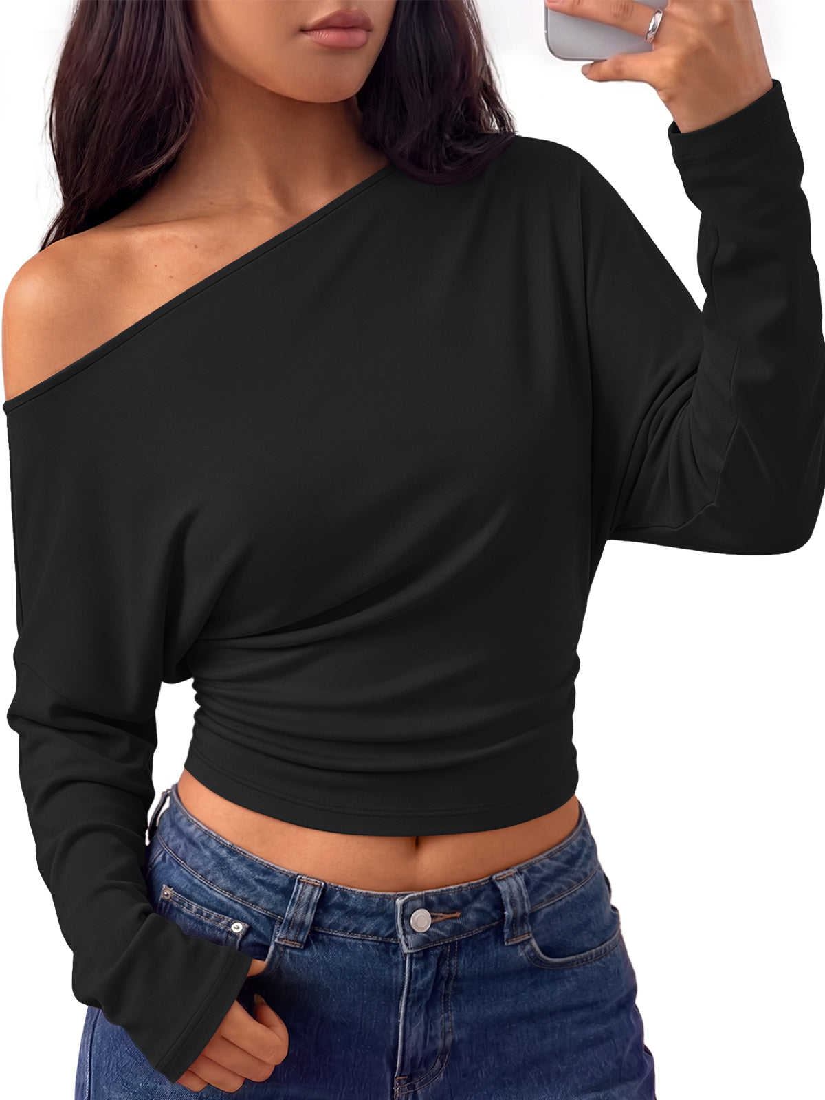 Trendy Queen Off the Shoulder Tops for Women Cinched Waist Shirts 2026 Fall Asymmetrical Wrap Long Sleeve Shirts for Women, Fall fashion Outfits, Casual Cute Blouses Y2k Clothes, Going Out Crop Tops