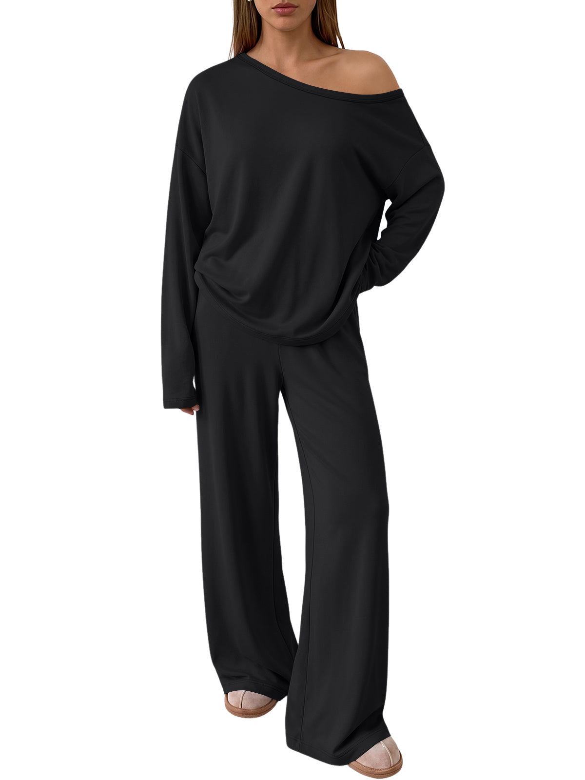 Trendy Queen 2 Piece Lounge Sets for Women 2026 Fall Outfits Matching Sets Off The Shoulder Oversized Tshirts & Wide Leg Pants with Pockets, Airport Travel Outfits, Fall Fashion Clothes Sweat Sets