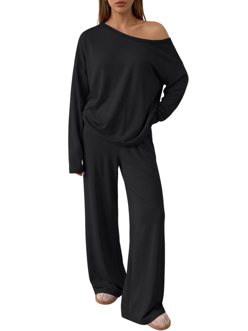 Trendy Queen 2 Piece Lounge Sets for Women 2026 Fall Outfits Matching Sets Off The Shoulder Oversized Tshirts & Wide Leg Pants with Pockets, Airport Travel Outfits, Fall Fashion Clothes Sweat Sets