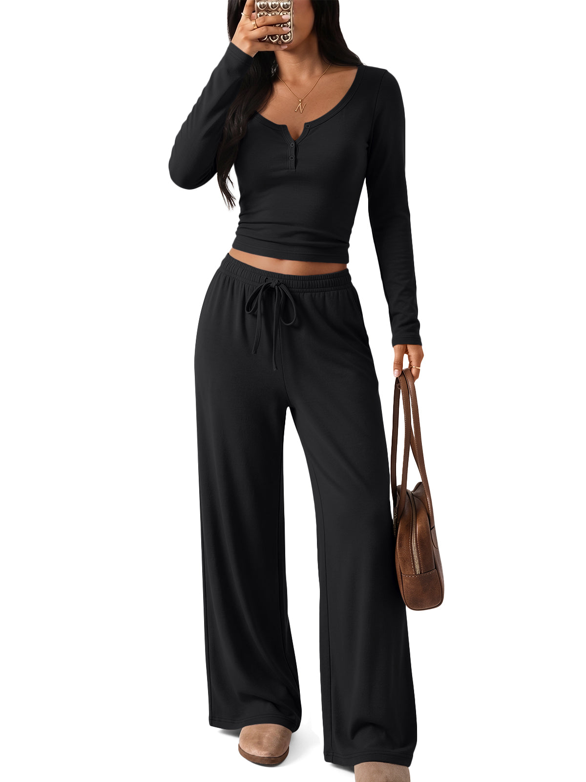Trendy Queen Women 2 Piece Matching Lounge Sets 2026 Fall Travel Outfits | Long Sleeve Henley Crop Top, Wide Leg Pants Set with Pockets, Two Piece Set