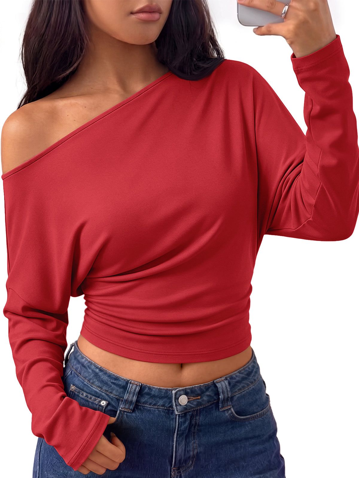 Trendy Queen Off the Shoulder Tops for Women Cinched Waist Shirts 2026 Fall Asymmetrical Wrap Long Sleeve Shirts for Women, Fall fashion Outfits, Casual Cute Blouses Y2k Clothes, Going Out Crop Tops
