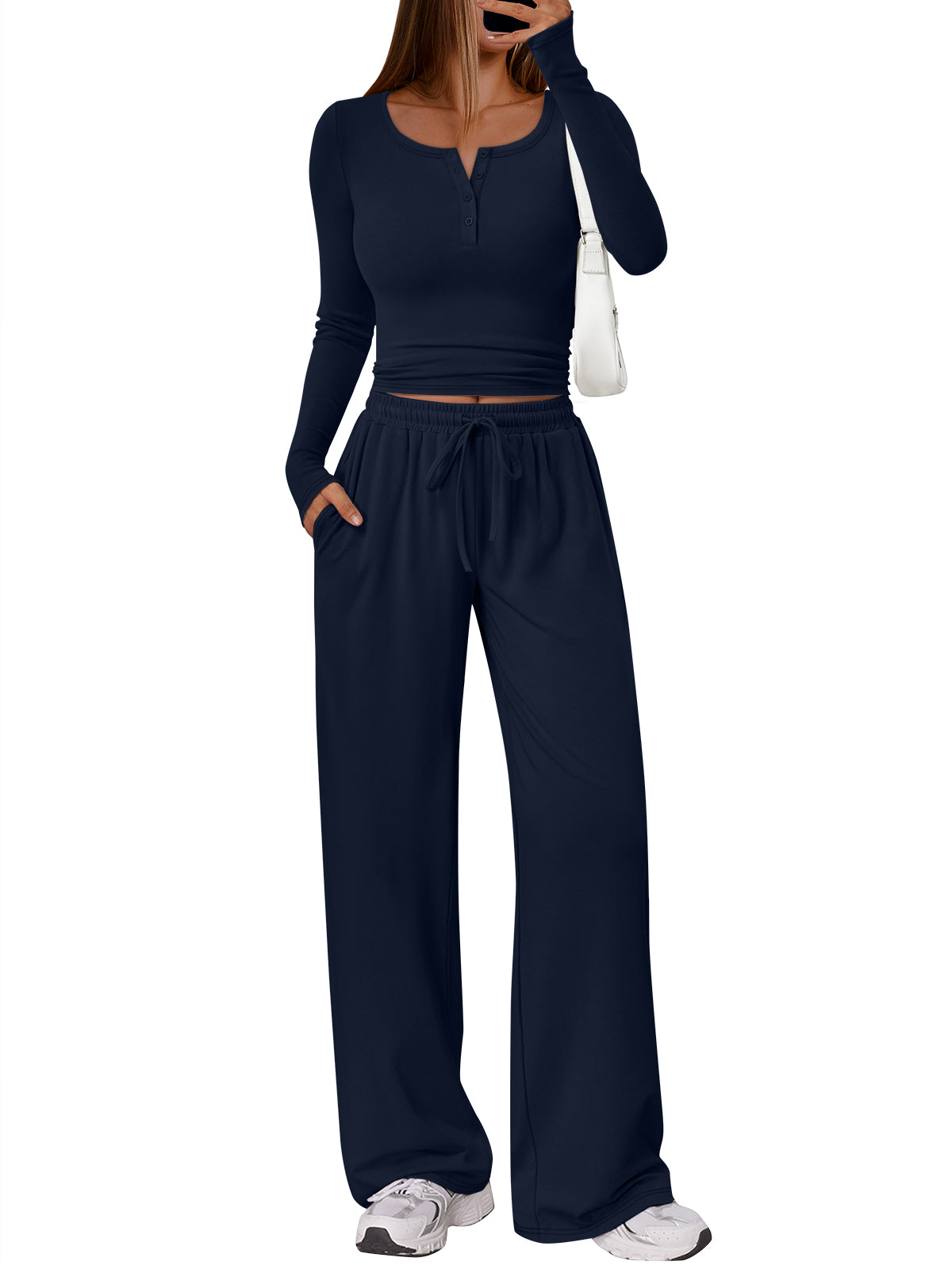 Trendy Queen Women's 2 Piece Matching Lounge Sets Long Sleeve Henley Neck Slightly Crop Top Wide Leg Pants Casual Sweat Suit