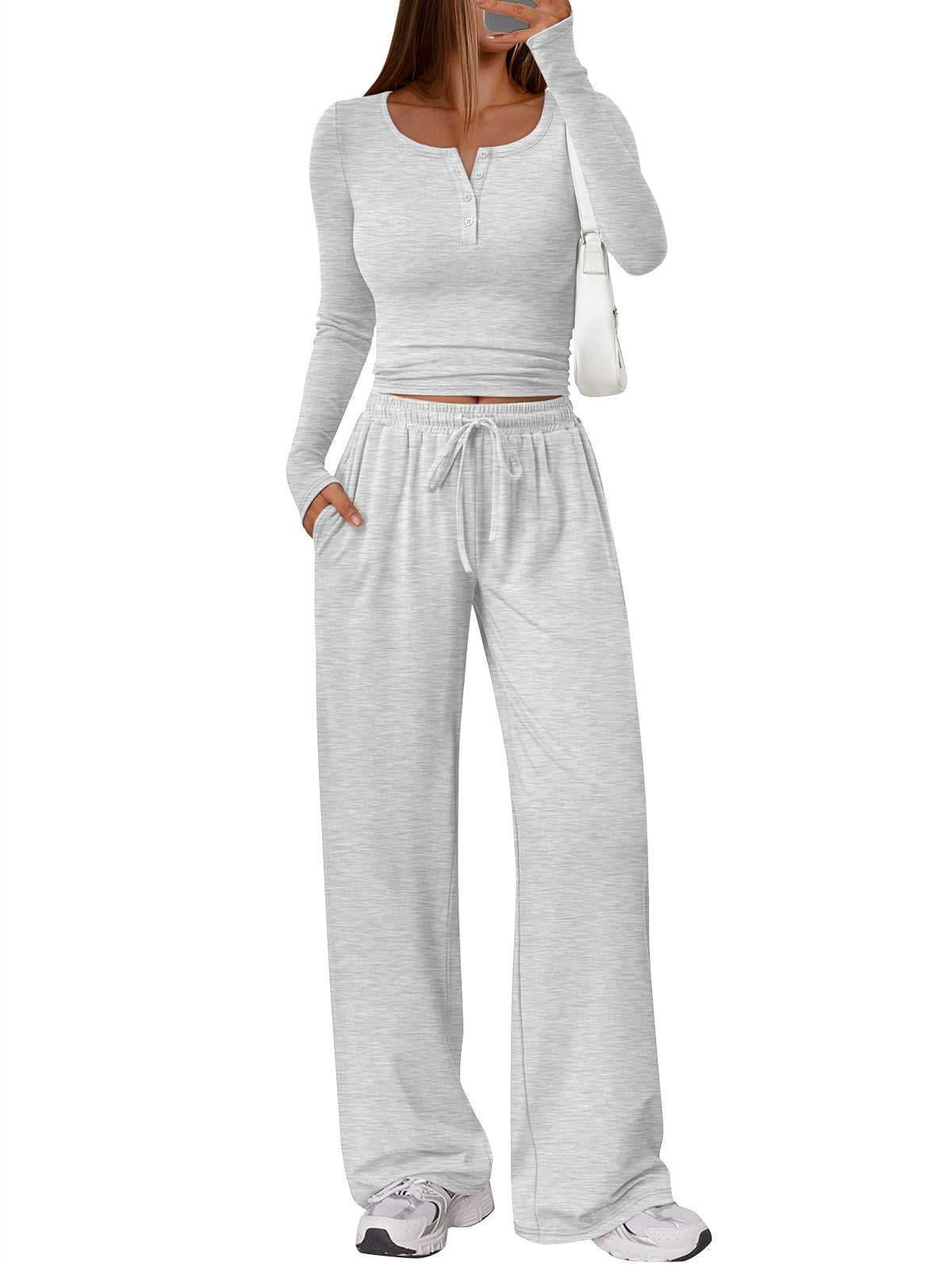 Trendy Queen Women's 2 Piece Matching Lounge Sets Long Sleeve Henley Neck Slightly Crop Top Wide Leg Pants Casual Sweat Suit