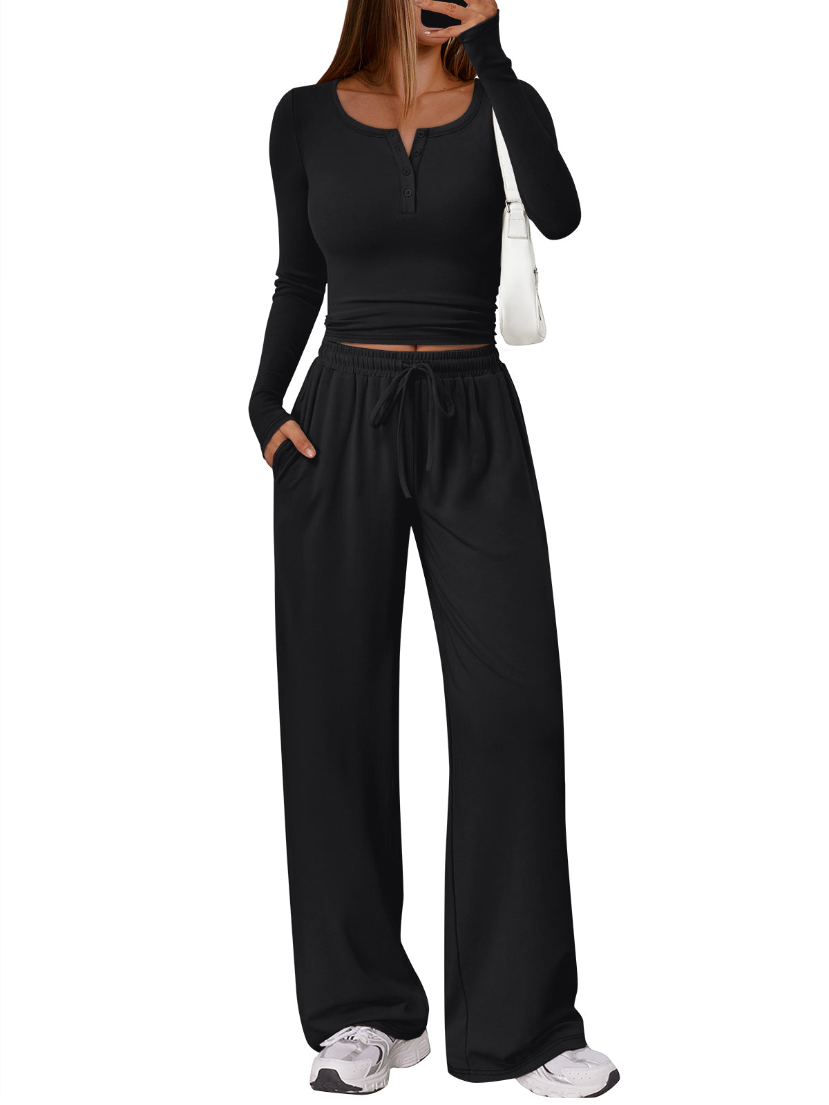 Trendy Queen Women's 2 Piece Matching Lounge Sets Long Sleeve Henley Neck Slightly Crop Top Wide Leg Pants Casual Sweat Suit