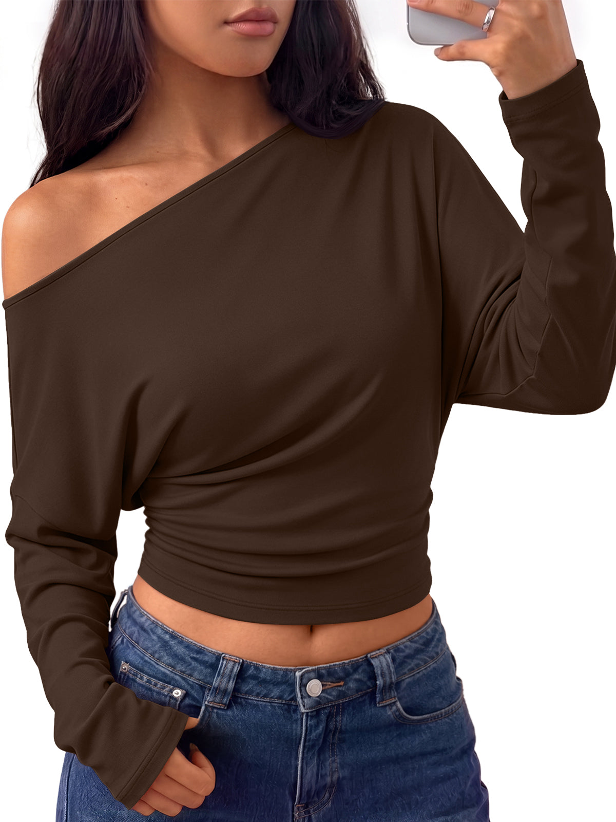 Trendy Queen Off the Shoulder Tops for Women Cinched Waist Shirts 2026 Fall Asymmetrical Wrap Long Sleeve Shirts for Women, Fall fashion Outfits, Casual Cute Blouses Y2k Clothes, Going Out Crop Tops