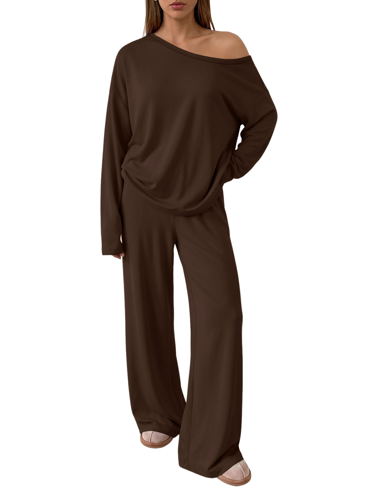 Trendy Queen 2 Piece Lounge Sets for Women 2026 Fall Outfits Matching Sets Off The Shoulder Oversized Tshirts & Wide Leg Pants with Pockets, Airport Travel Outfits, Fall Fashion Clothes Sweat Sets