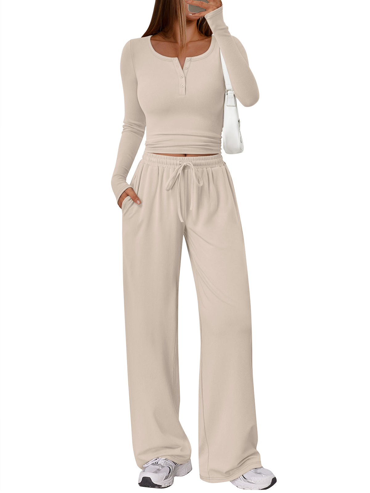 Trendy Queen Women's 2 Piece Matching Lounge Sets Long Sleeve Henley Neck Slightly Crop Top Wide Leg Pants Casual Sweat Suit