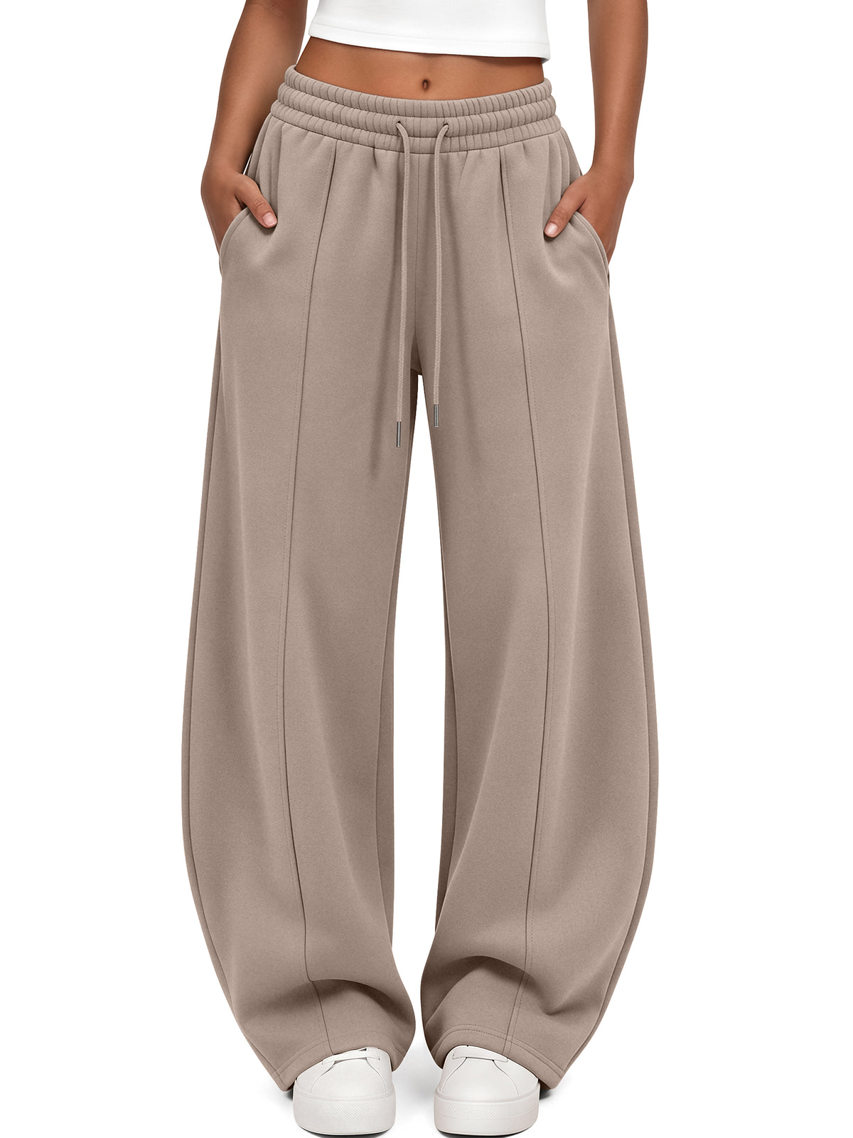 Trendy Queen Women's Barrel Sweatpants Fall Fleece Wide Leg Lounge Pants Mid Rise Baggy Pants, Cozy Cotton Blend Fabric, Soft Fleece Lining, Elastic Drawstring Waist, Deep Side Pockets, Casual Chic