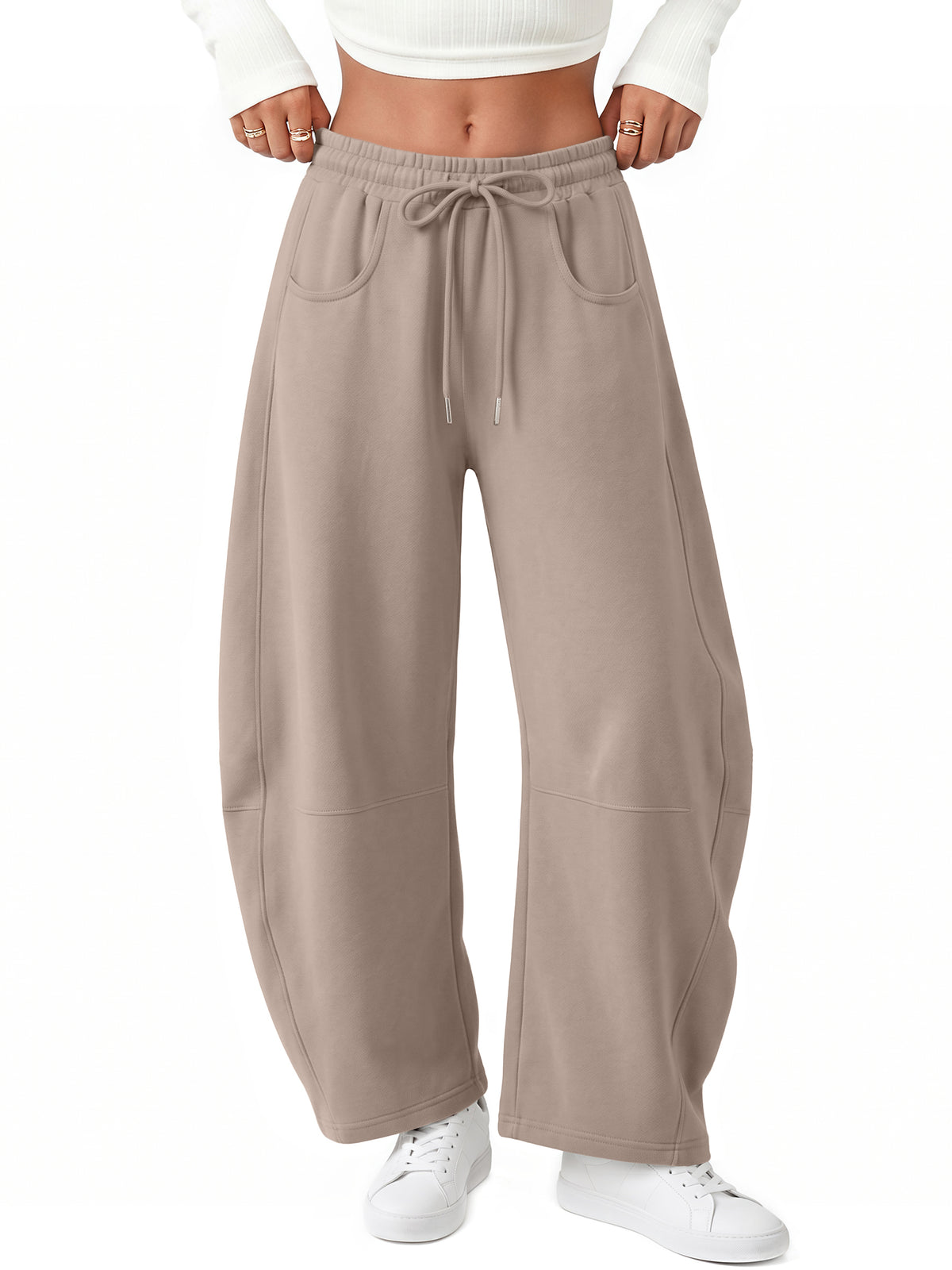 Trendy Queen Women's Barrel Sweatpants Wide Leg Lounge Fleece Pants Fall Fashion Baggy Pants, Cozy Cotton Blend Fabric, Soft Fleece Lining, Elastic Drawstring Waist, Side Pockets, Casual Chic