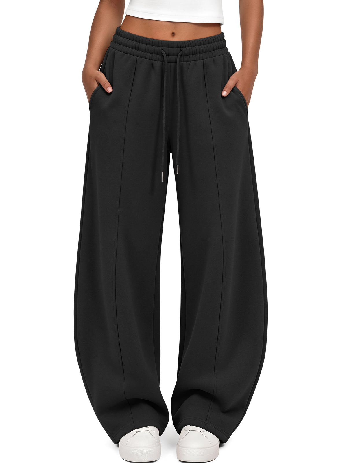 Trendy Queen Women's Barrel Sweatpants Fall Fleece Wide Leg Lounge Pants Mid Rise Baggy Pants, Cozy Cotton Blend Fabric, Soft Fleece Lining, Elastic Drawstring Waist, Deep Side Pockets, Casual Chic