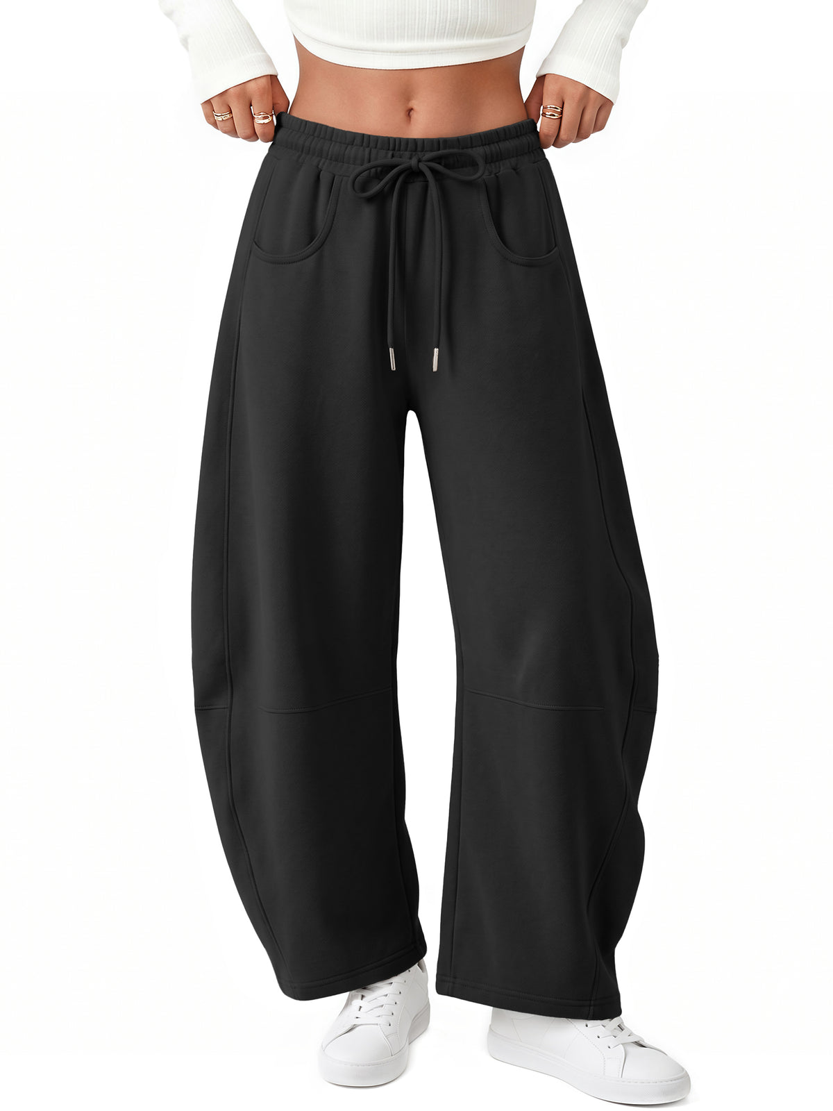 Trendy Queen Women's Barrel Sweatpants Wide Leg Lounge Fleece Pants Fall Fashion Baggy Pants, Cozy Cotton Blend Fabric, Soft Fleece Lining, Elastic Drawstring Waist, Side Pockets, Casual Chic