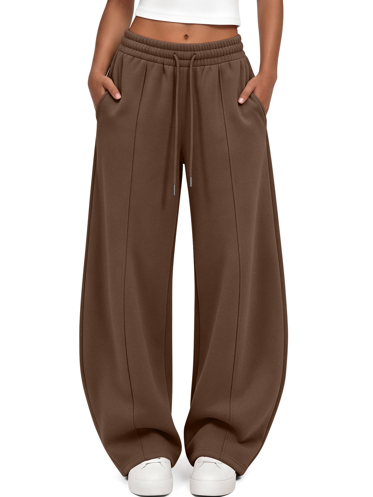 Trendy Queen Women's Barrel Sweatpants Fall Fleece Wide Leg Lounge Pants Mid Rise Baggy Pants, Cozy Cotton Blend Fabric, Soft Fleece Lining, Elastic Drawstring Waist, Deep Side Pockets, Casual Chic