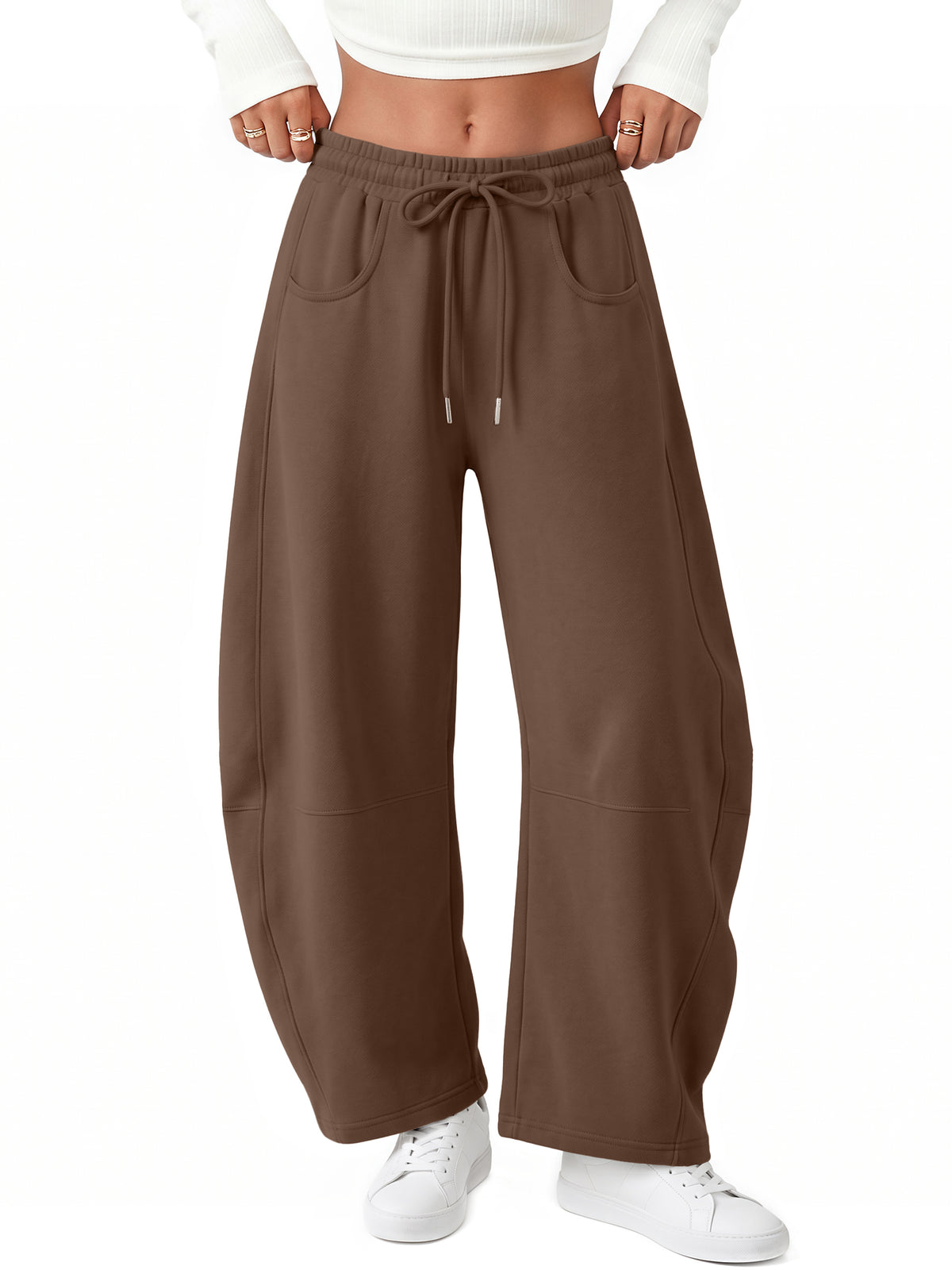 Trendy Queen Women's Barrel Sweatpants Wide Leg Lounge Fleece Pants Fall Fashion Baggy Pants, Cozy Cotton Blend Fabric, Soft Fleece Lining, Elastic Drawstring Waist, Side Pockets, Casual Chic