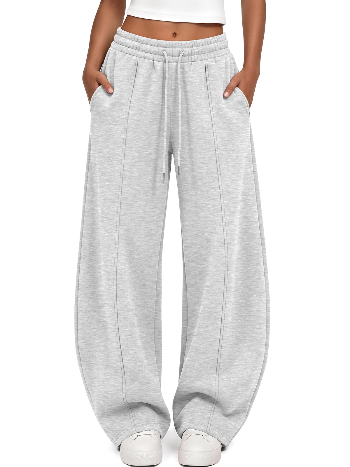 Trendy Queen Women's Barrel Sweatpants Fall Fleece Wide Leg Lounge Pants Mid Rise Baggy Pants, Cozy Cotton Blend Fabric, Soft Fleece Lining, Elastic Drawstring Waist, Deep Side Pockets, Casual Chic