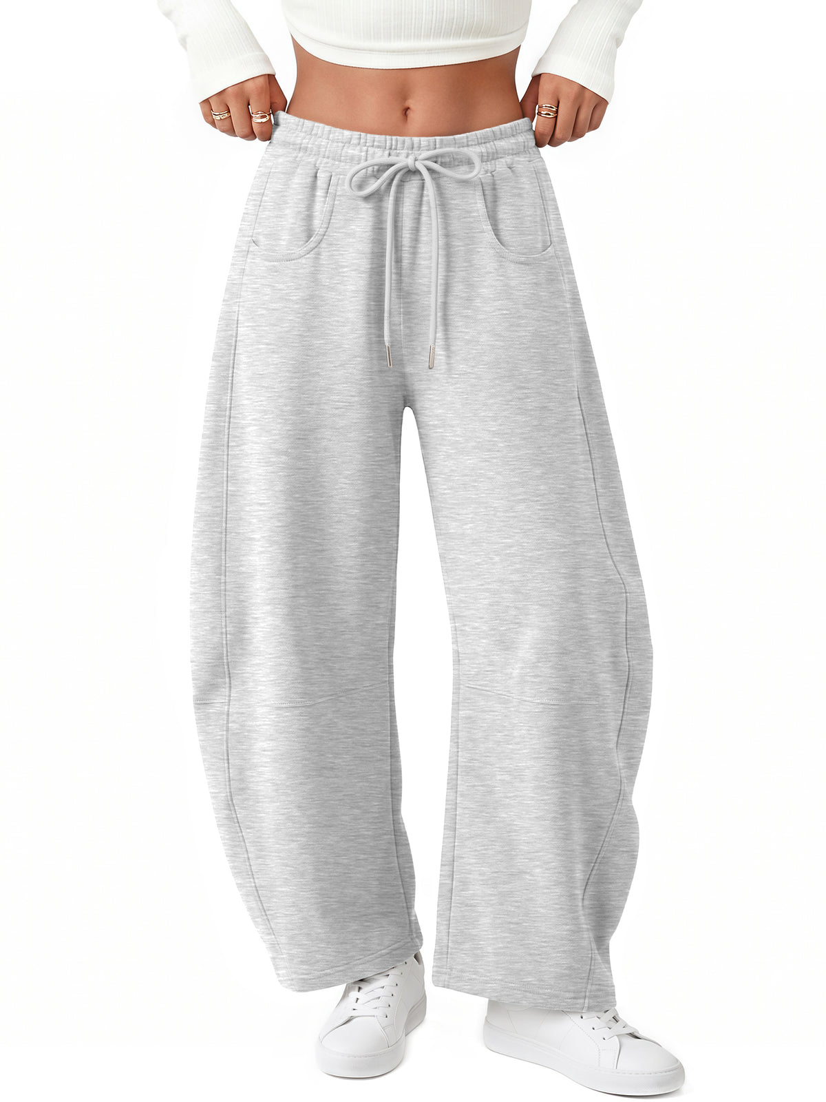 Trendy Queen Women's Barrel Sweatpants Wide Leg Lounge Fleece Pants Fall Fashion Baggy Pants, Cozy Cotton Blend Fabric, Soft Fleece Lining, Elastic Drawstring Waist, Side Pockets, Casual Chic