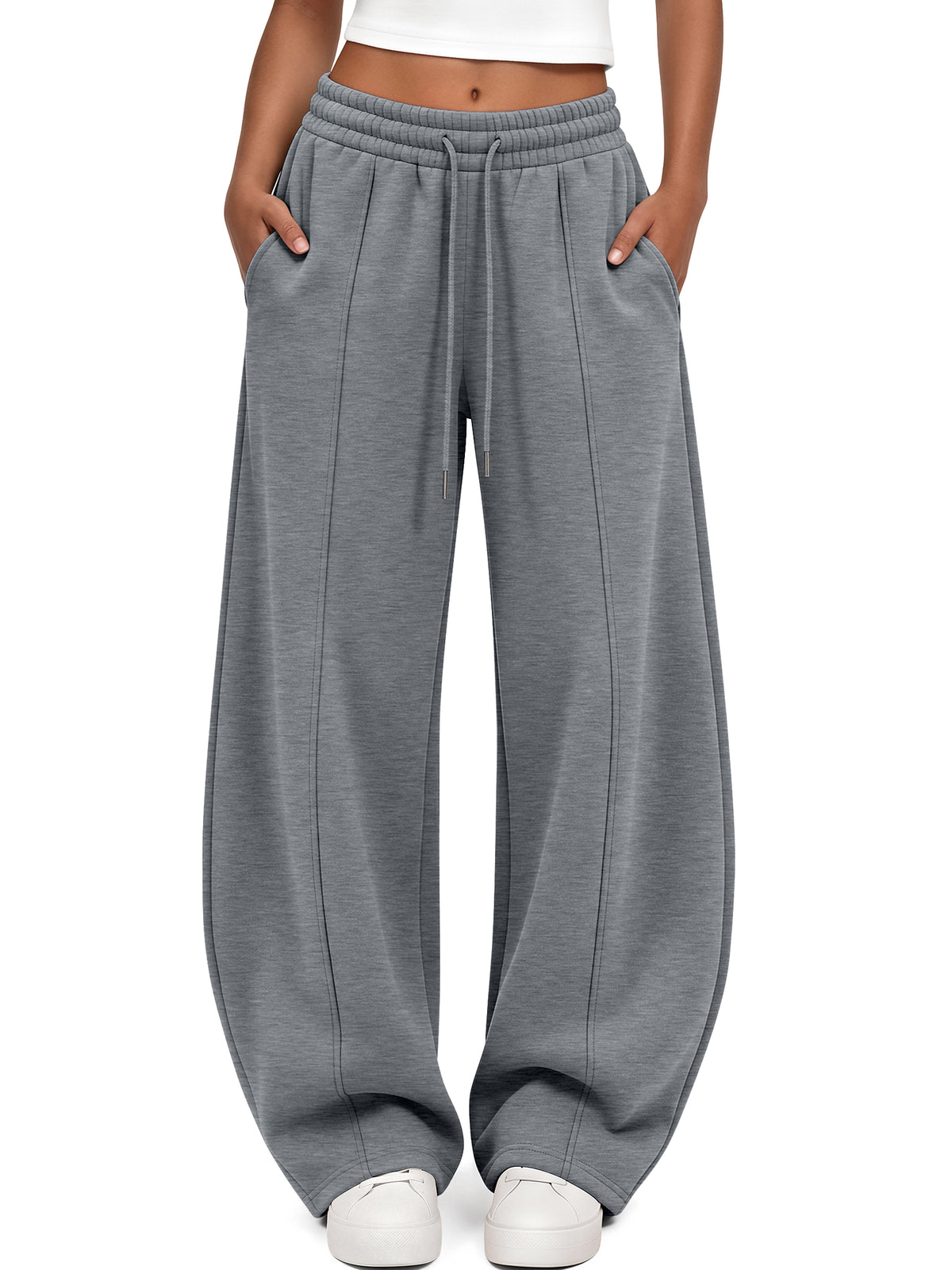 Trendy Queen Women's Barrel Sweatpants Fall Fleece Wide Leg Lounge Pants Mid Rise Baggy Pants, Cozy Cotton Blend Fabric, Soft Fleece Lining, Elastic Drawstring Waist, Deep Side Pockets, Casual Chic