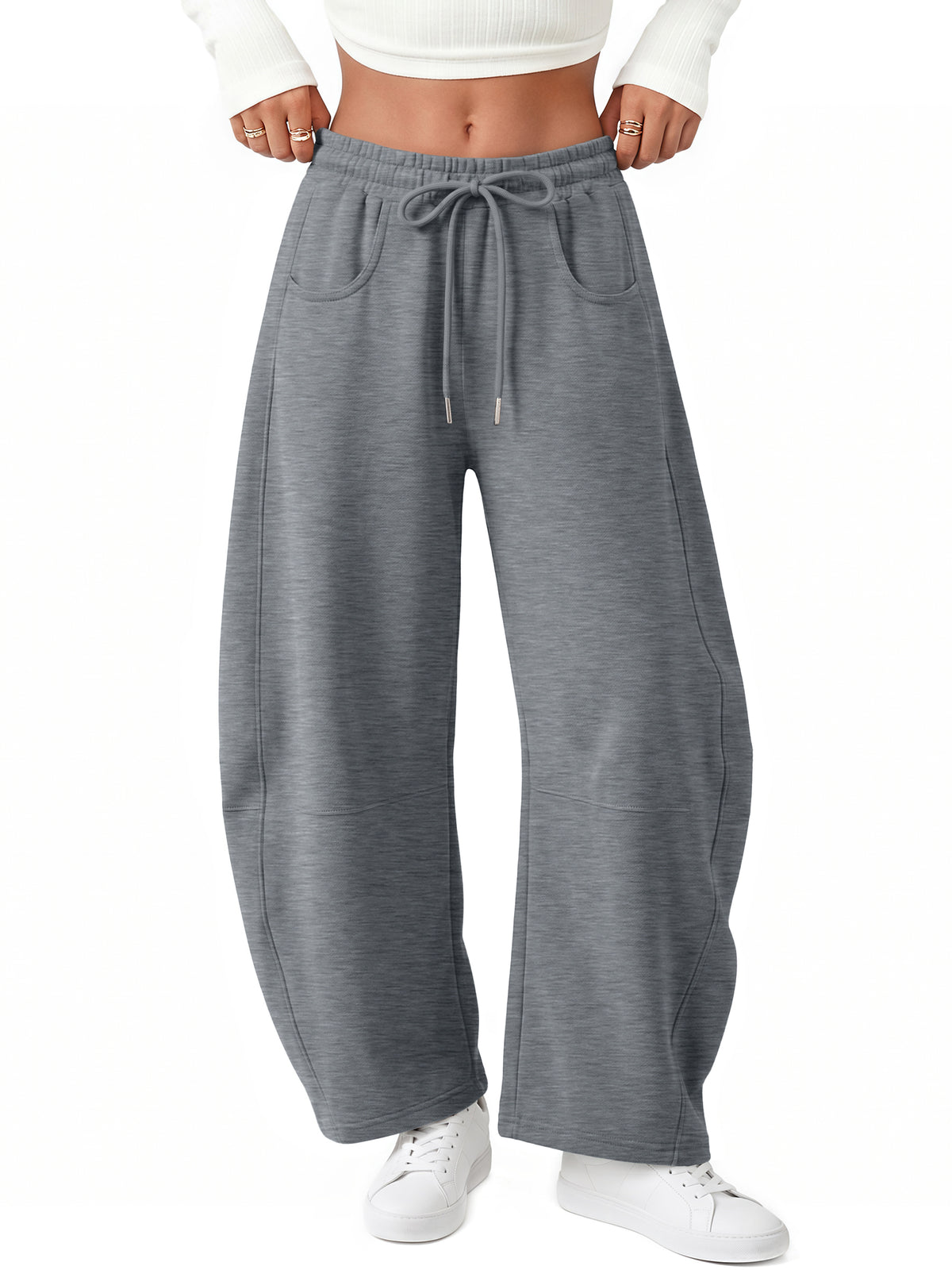Trendy Queen Women's Barrel Sweatpants Wide Leg Lounge Fleece Pants Fall Fashion Baggy Pants, Cozy Cotton Blend Fabric, Soft Fleece Lining, Elastic Drawstring Waist, Side Pockets, Casual Chic