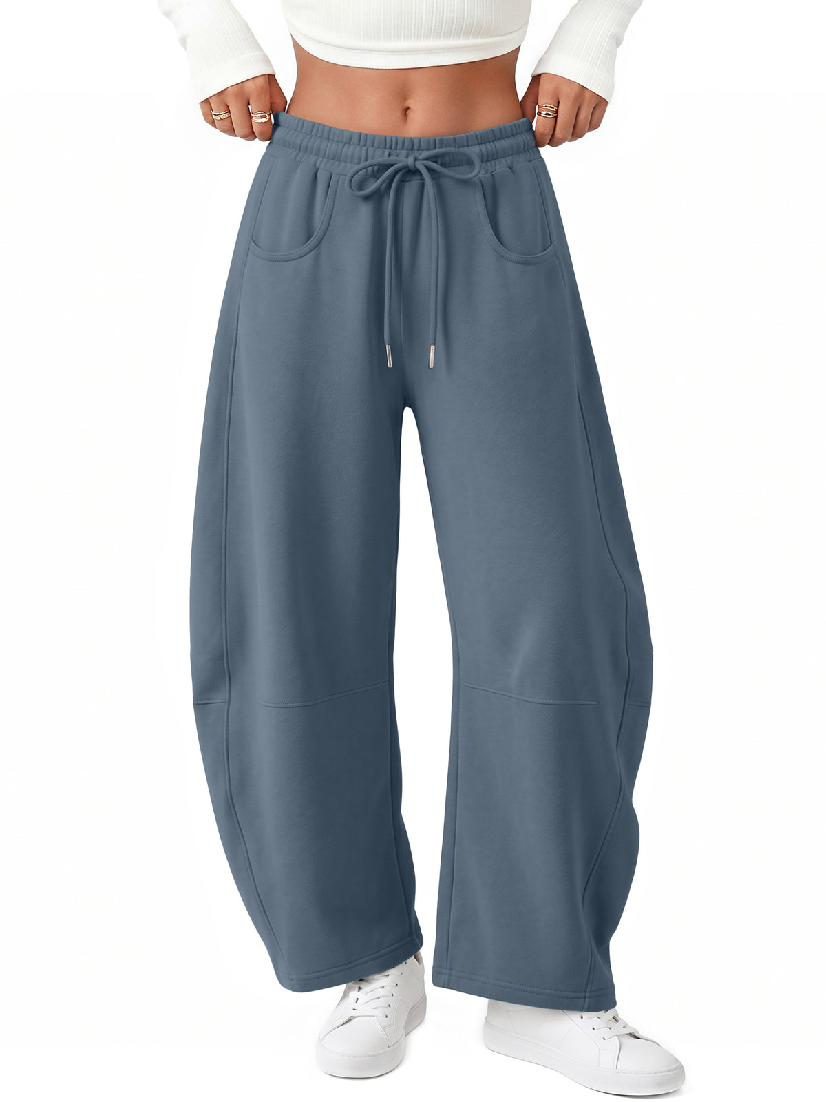 Trendy Queen Women's Barrel Sweatpants Wide Leg Lounge Fleece Pants Fall Fashion Baggy Pants, Cozy Cotton Blend Fabric, Soft Fleece Lining, Elastic Drawstring Waist, Side Pockets, Casual Chic