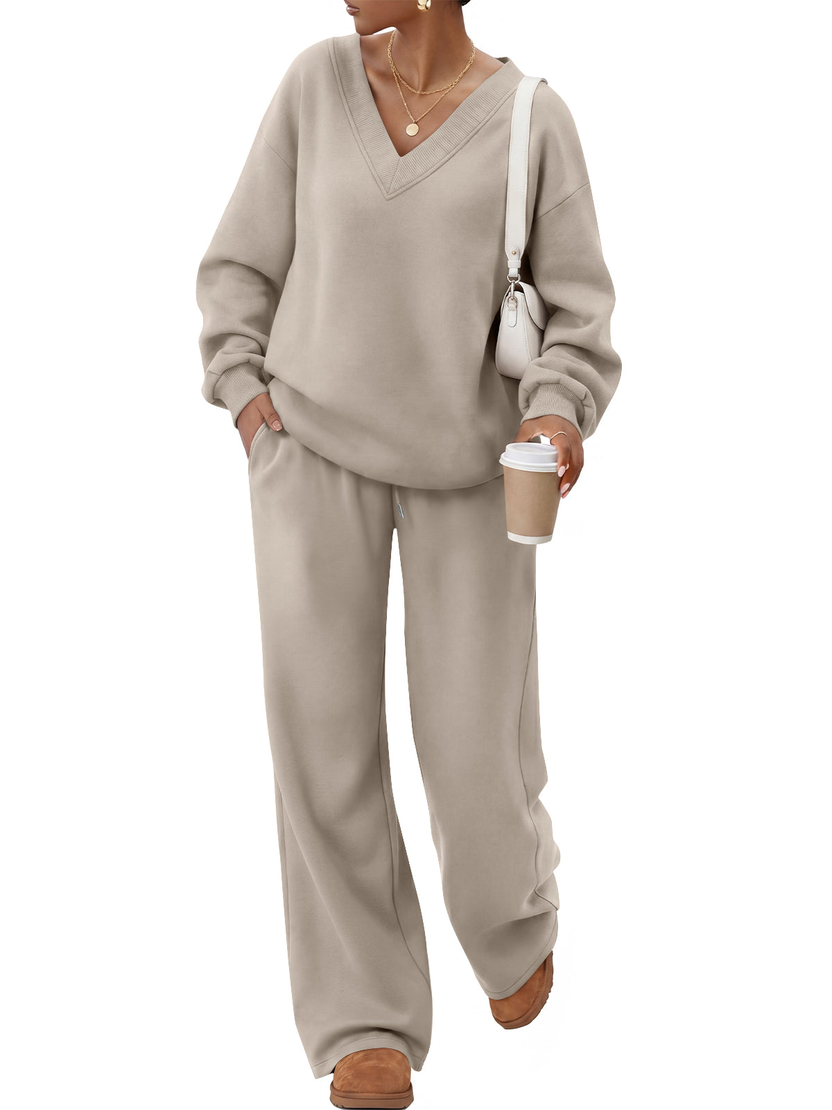 Trendy Queen Women's Sweatsuits 2 Piece Outfits Sweat Sets | Comfortable V Neck Sweatshirts,Wide Leg Sweatpants with Pockets,Fall and Winter Clothes