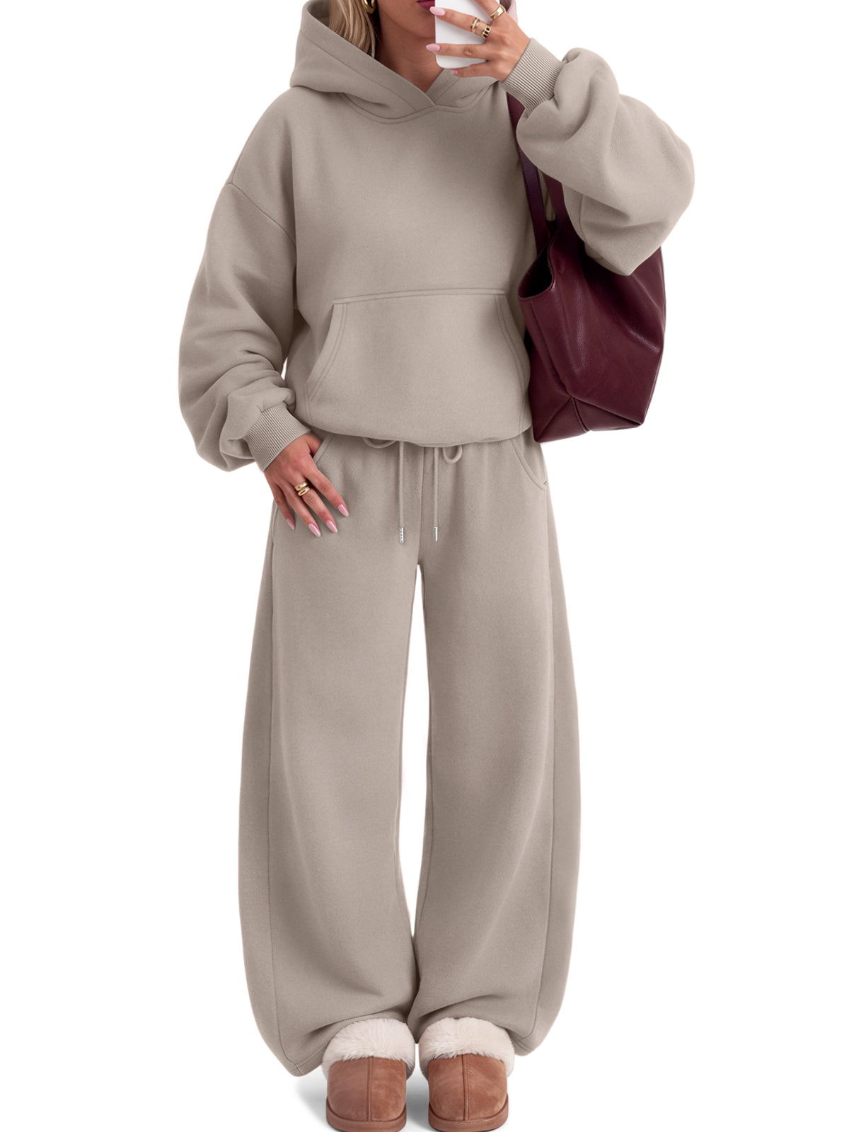 Trendy Queen Womens Sweat Set 2 Piece Sweatsuit 2026 Fall Tracksuit | Soft Fleece Interior,Chic Oversized Fit,Flattering Wide Leg Silhouette,Effortless Airport Style