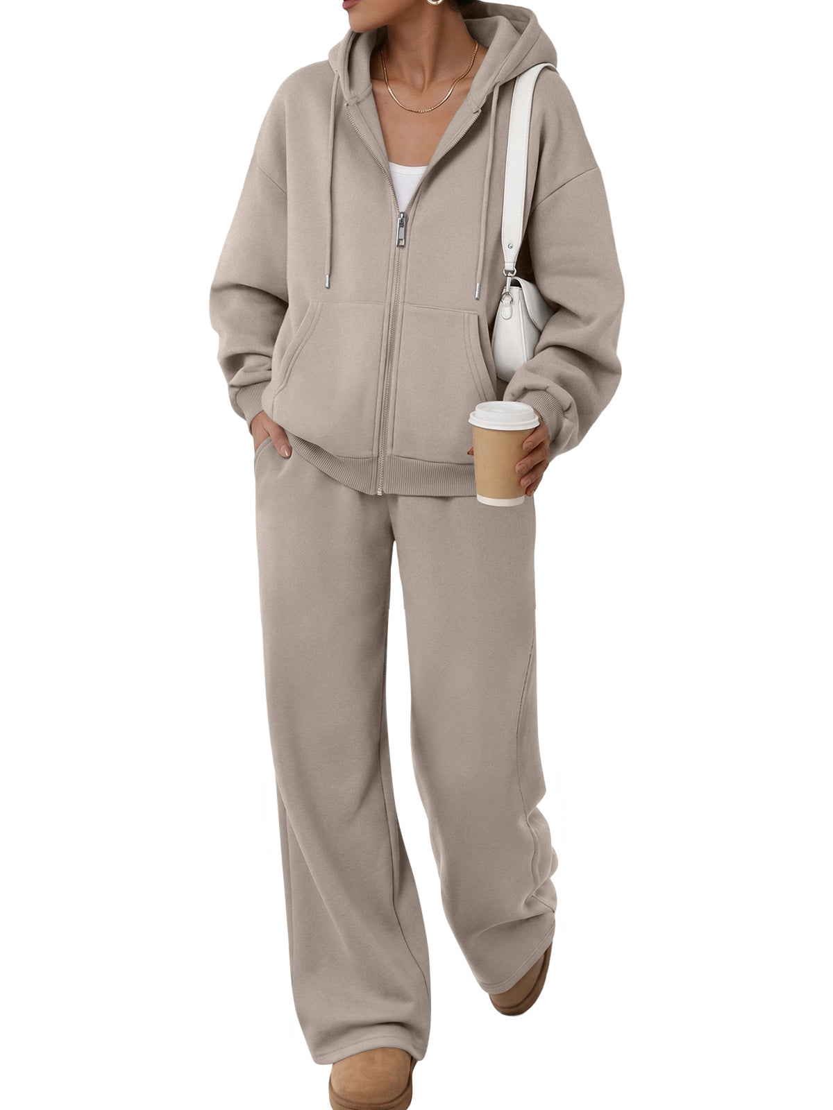 Trendy Queen Womens 2 Piece Zip Up Hoodie Sweatsuits Wide Leg Lounge Sets